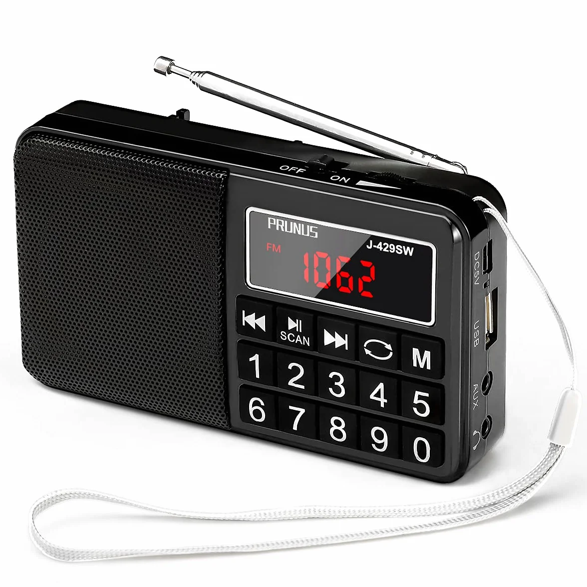 PRUNUS J-429 Petite Radio Portable Rechargeable FM/AM/SW/USB/MP3 Mini Haut-parleur Gros Boutons Grand écran