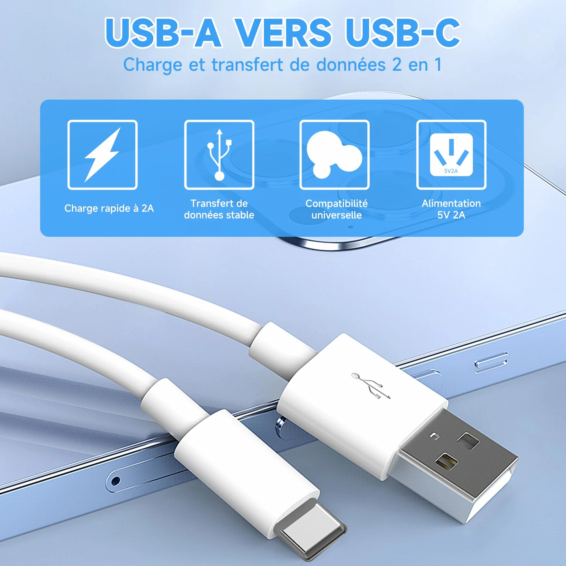 Câble d'extension d'alimentation USB-C 5M, rallonge USB A vers USB C pour caméras de sécurité