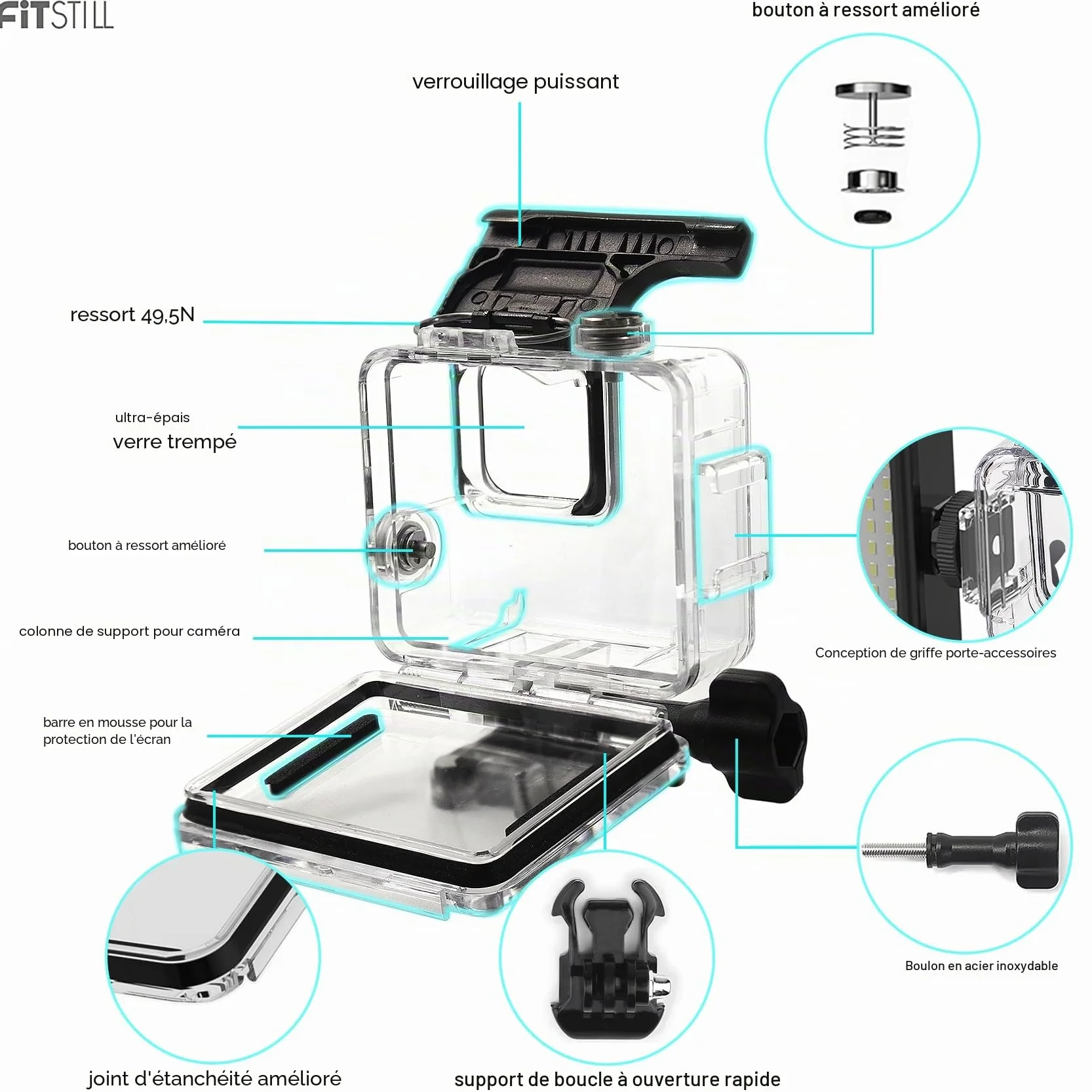 FitStill Boîtier de plongée étanche 60 m Compatible GoPro Hero 4K Coque Protection Support