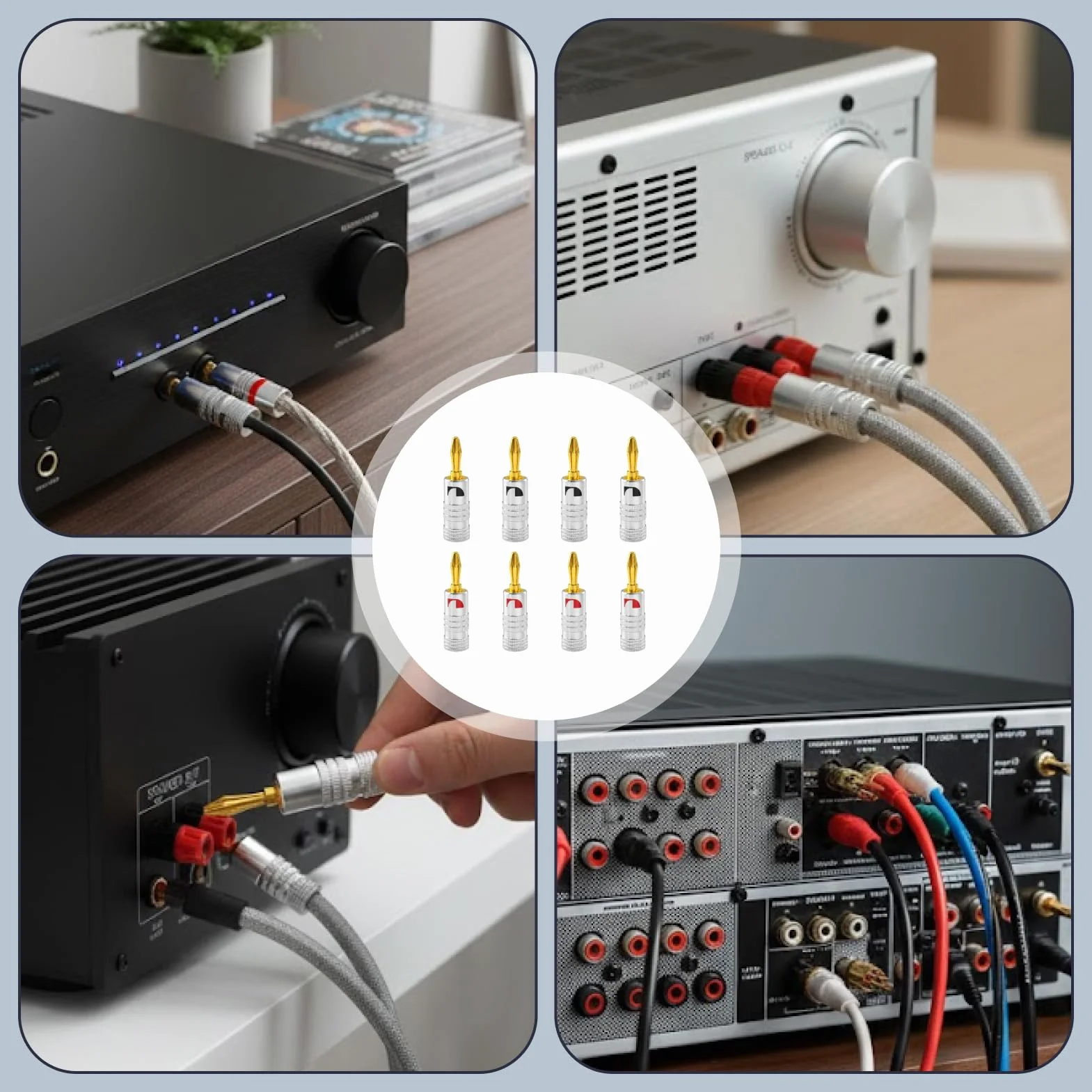 8PCS Fiche Banane 4mm pour Câble Enceinte, Fiche Banane Enceinte Connecteurs pour Enceintes Plaqués Or sans Soudure, Fiches Banane HiFi pour Haut-Parleur et Amplificateur, Banane Connecteur Audio