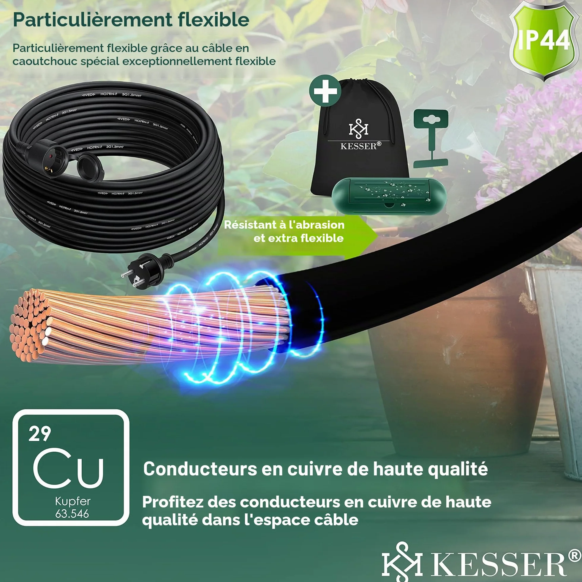 KESSER Rallonge 3 Prises 250 V IP44 40m Noir Câble électrique extérieur