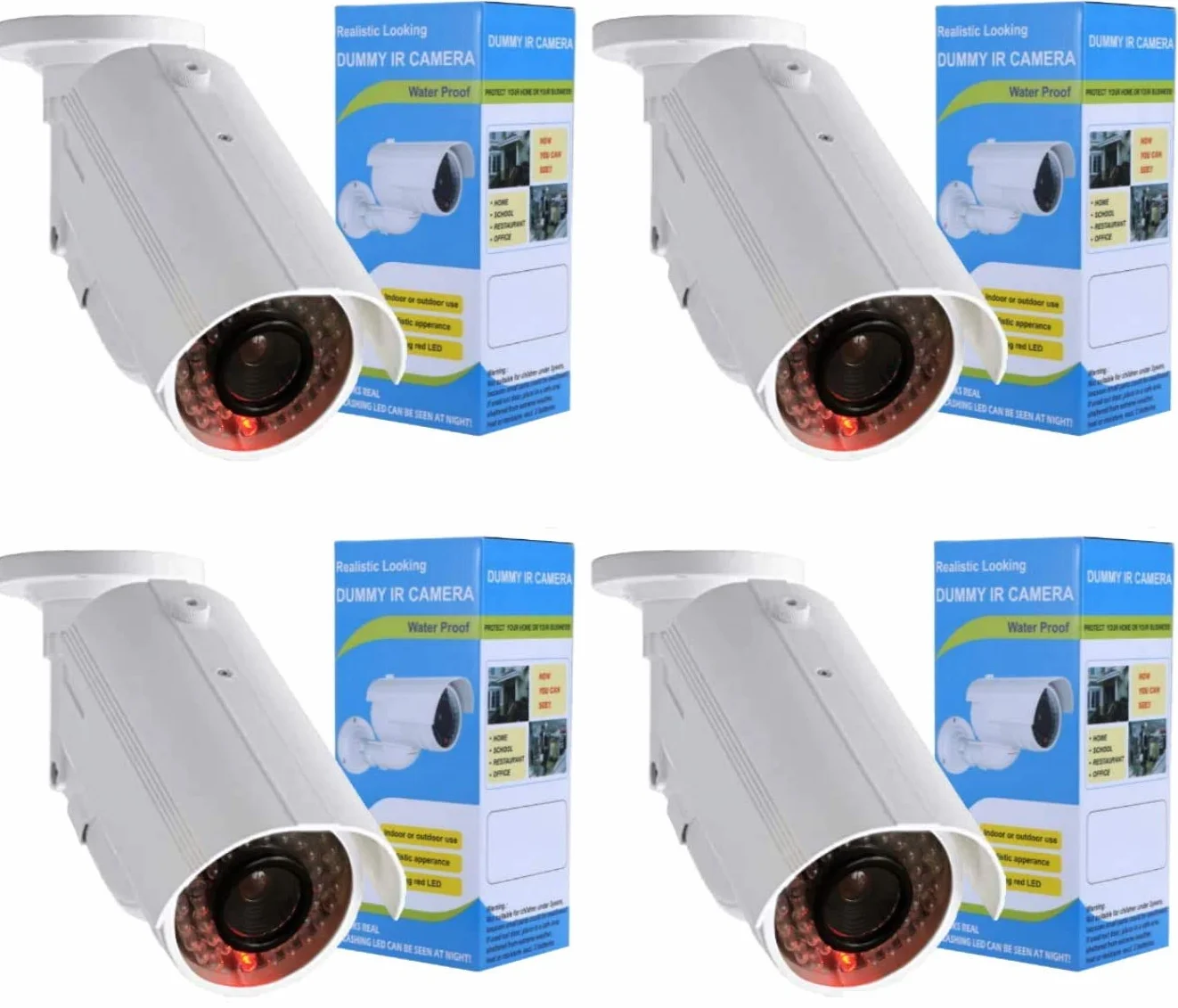 Caméra factice 4X avec objectif. Avec lumière LED rouge, parfaitement réelle pour montage mural et plafond, pour l'intérieur et l'extérieur