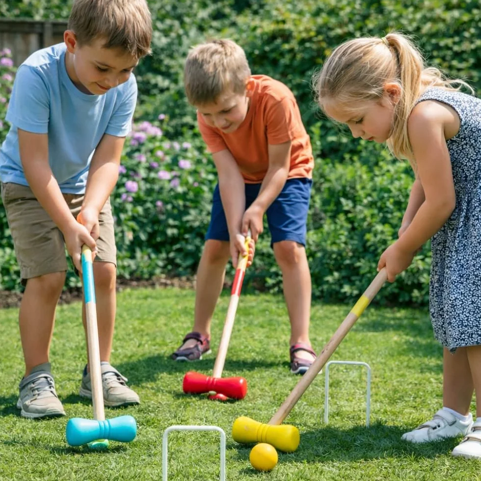 Jeu de Croquet en Bois pour 4 Joueurs, avec Maillets, Boules, Arceaux Métalliques et Filet de Rangement, Jeu de Jardin