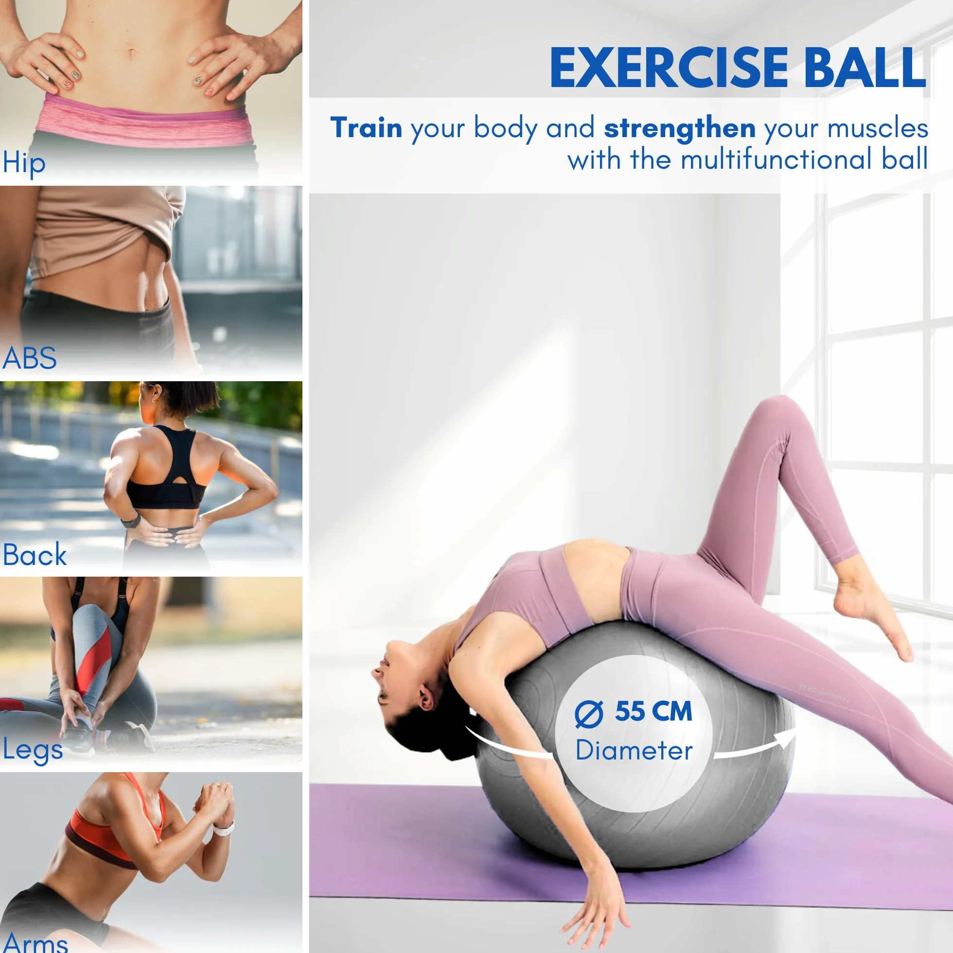 Ballon de Yoga 55 cm PVC Antidérapant Fitball avec Gonfleur