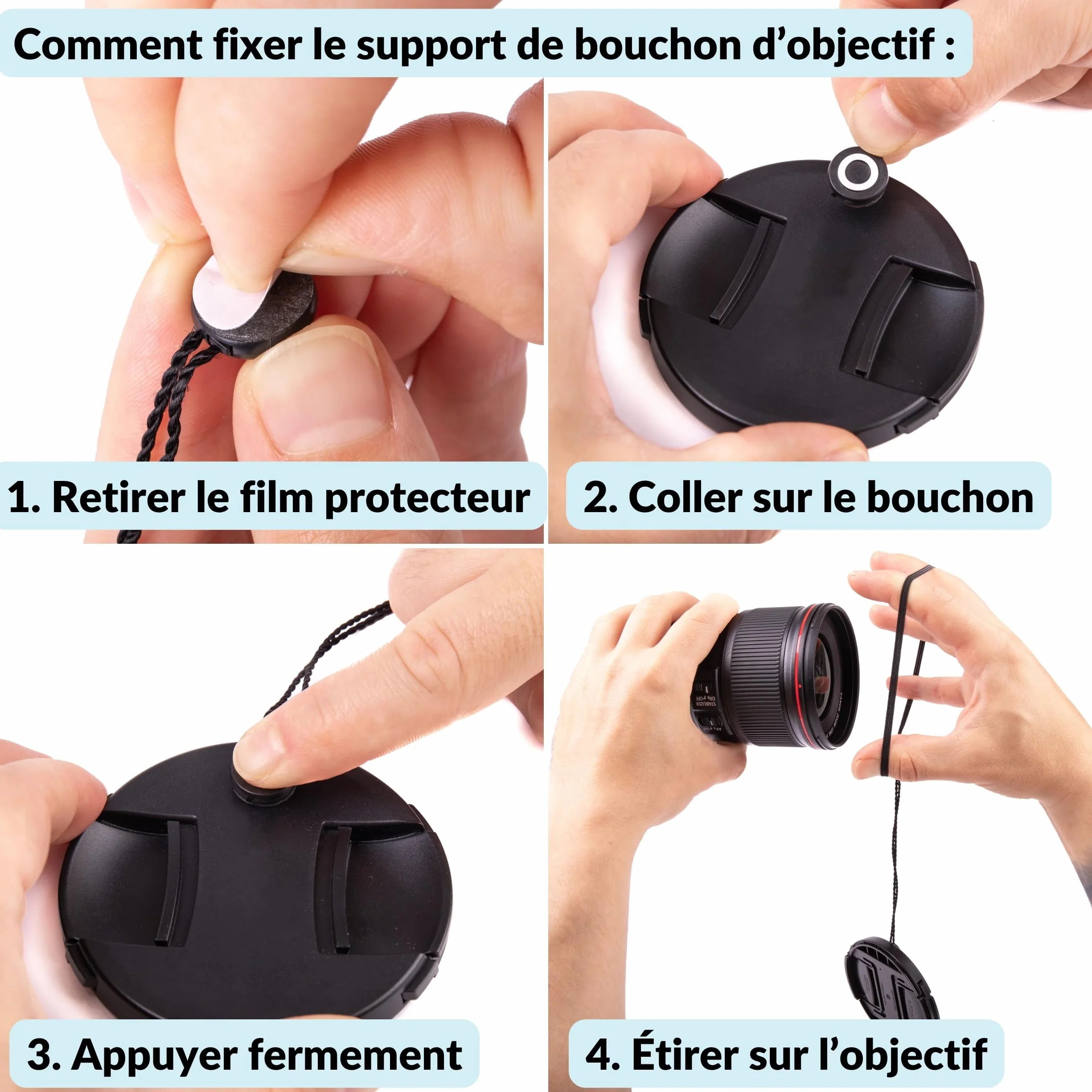 Lens-Aid - Cordon avec adhésif pour Cache-objectifs - avec adhésif en Caoutchouc Universel, Convient à Canon, Nikon, Fuji, Tamron, Sigma, Olympus, Pentax (Set de 5 pcs)