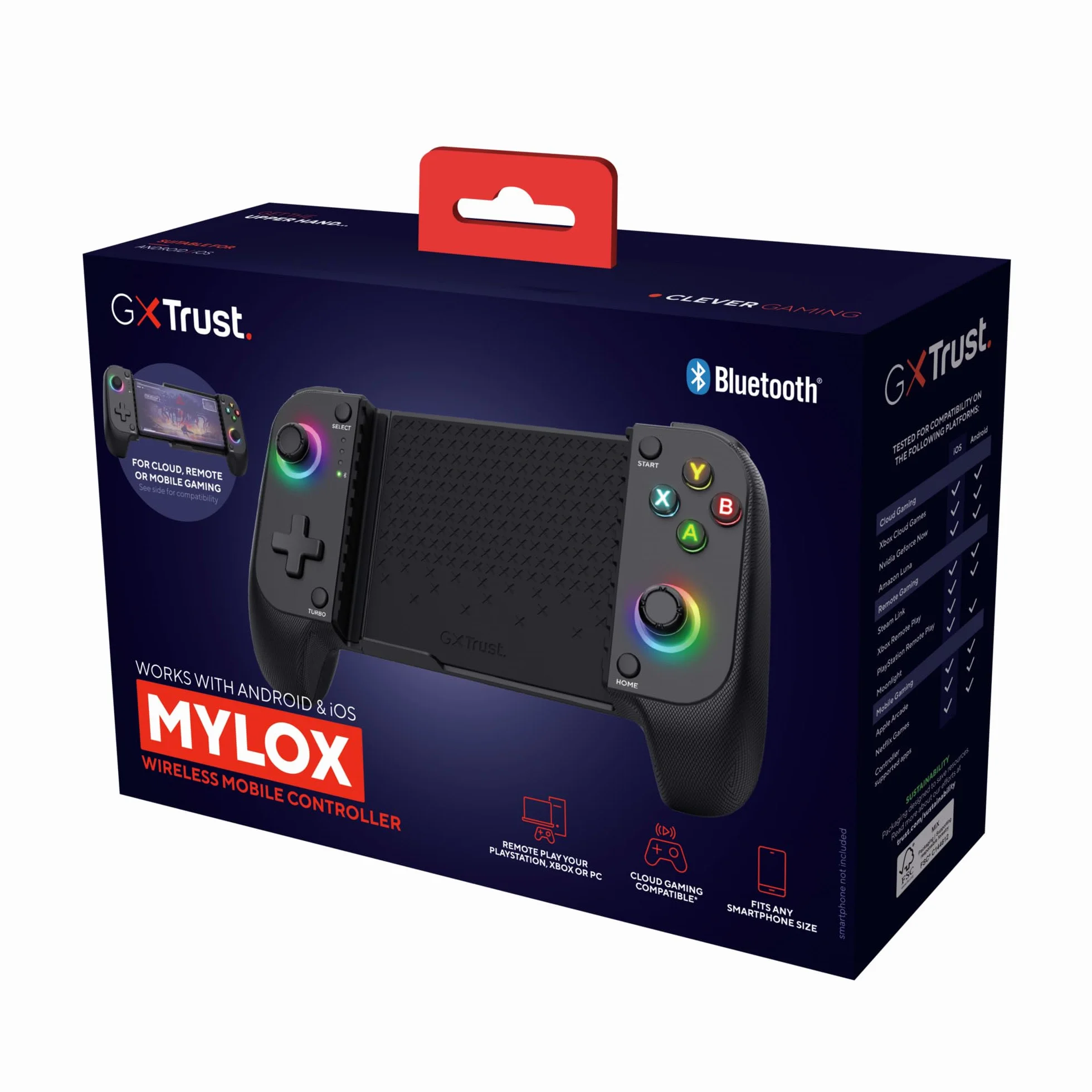 GXTrust Trust GXT 735 Mylox Manette pour Telephone Portable Bluetooth pour Android/Iphone / PS5 / Xbox/Mobile, 12h d'Autonomie, Double Vibration, Ėclairage RGB, Manette Smartphone Sans Fil, Noir