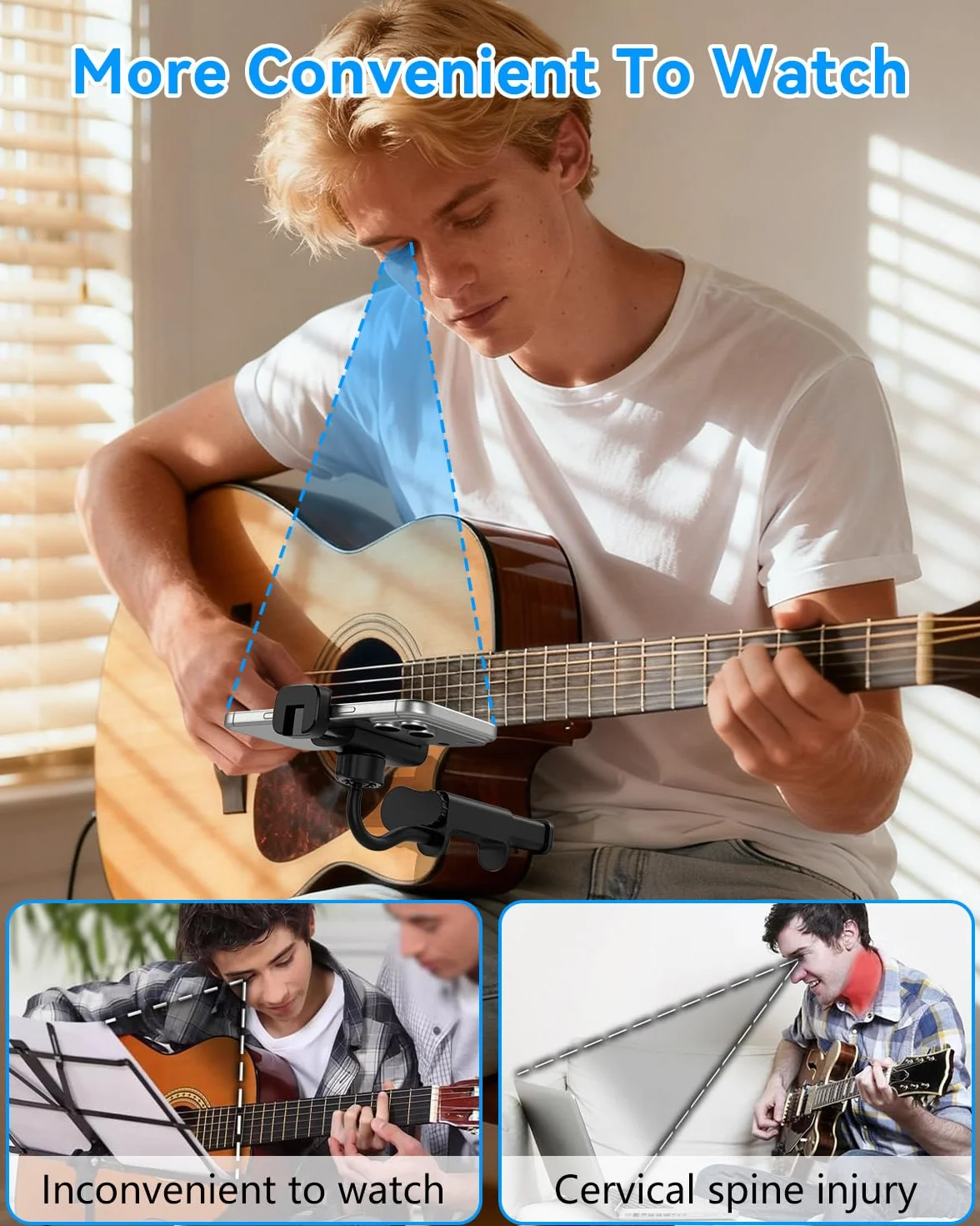 Support de Téléphone pour Guitare- Support Universel pour Smartphone pour Guitare, Basse, Ukulélé, Rotatif à 360° et Réglable, Idéal pour La Diffusion en Direct et l'enseignement en Ligne