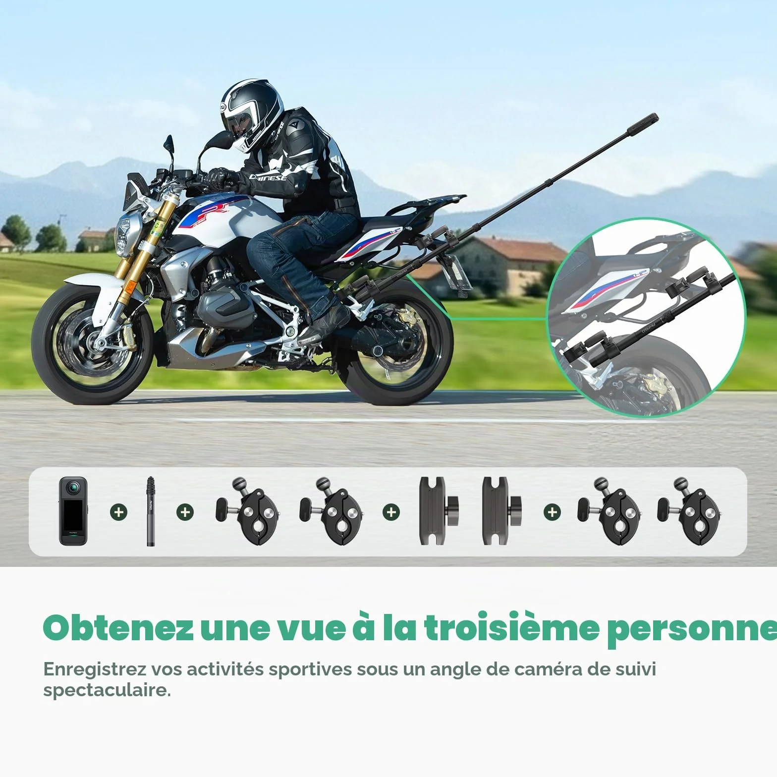AKASO 360 Kit Moto pour Caméra d'action, Camera Sport à 360° avec Carte Mémoire 128 Go, 5.7K 360 Vidéo, 72MP Photo, SuperSmooth, 2.29" Écran Tactile, Effet Selfie Stick Invisible, Horizon 360° Lock