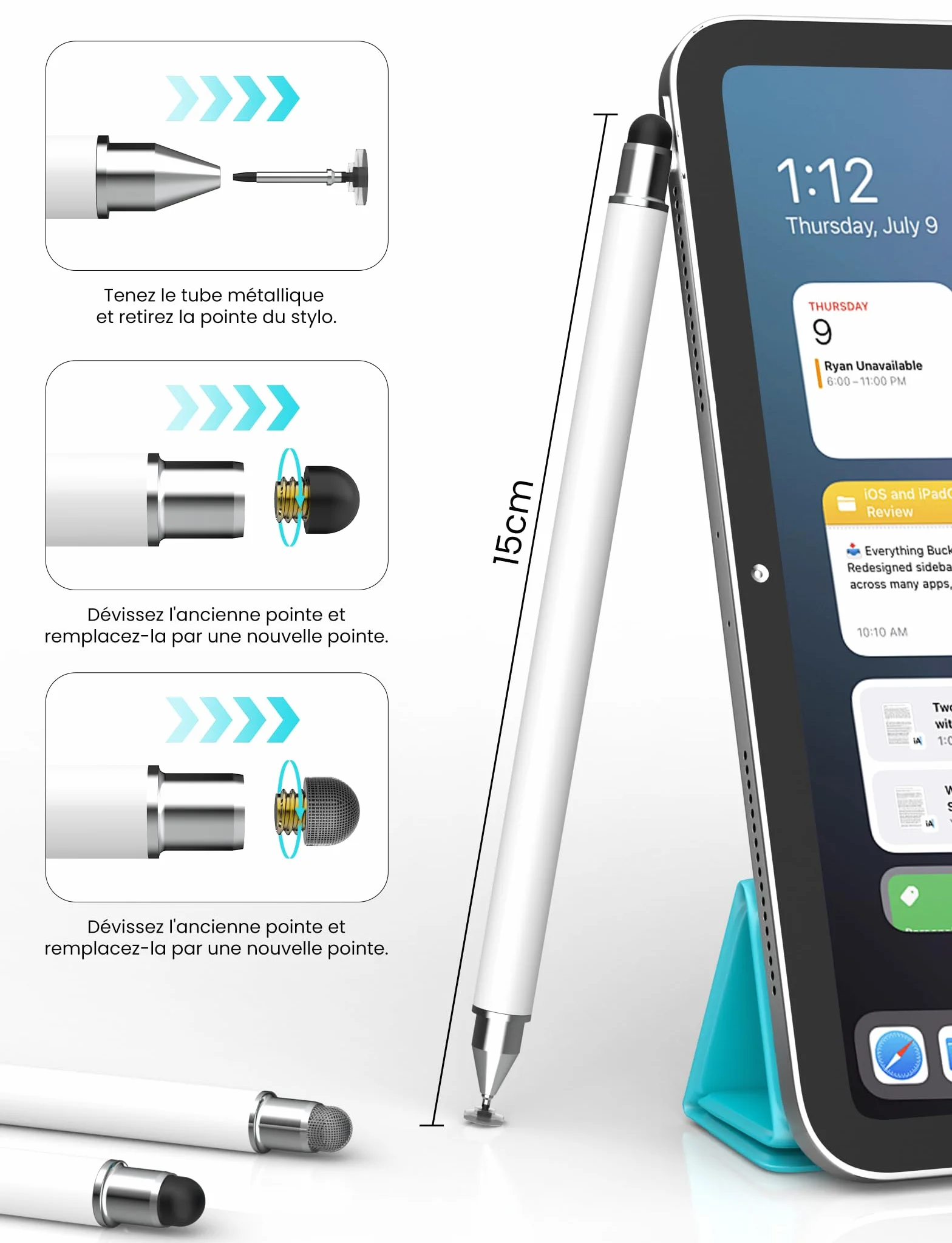 MEKO Stylet Tactile Magnétique 3 en 1 pour Tablette avec Embout Fibre Caoutchouc Disque - Blanc
