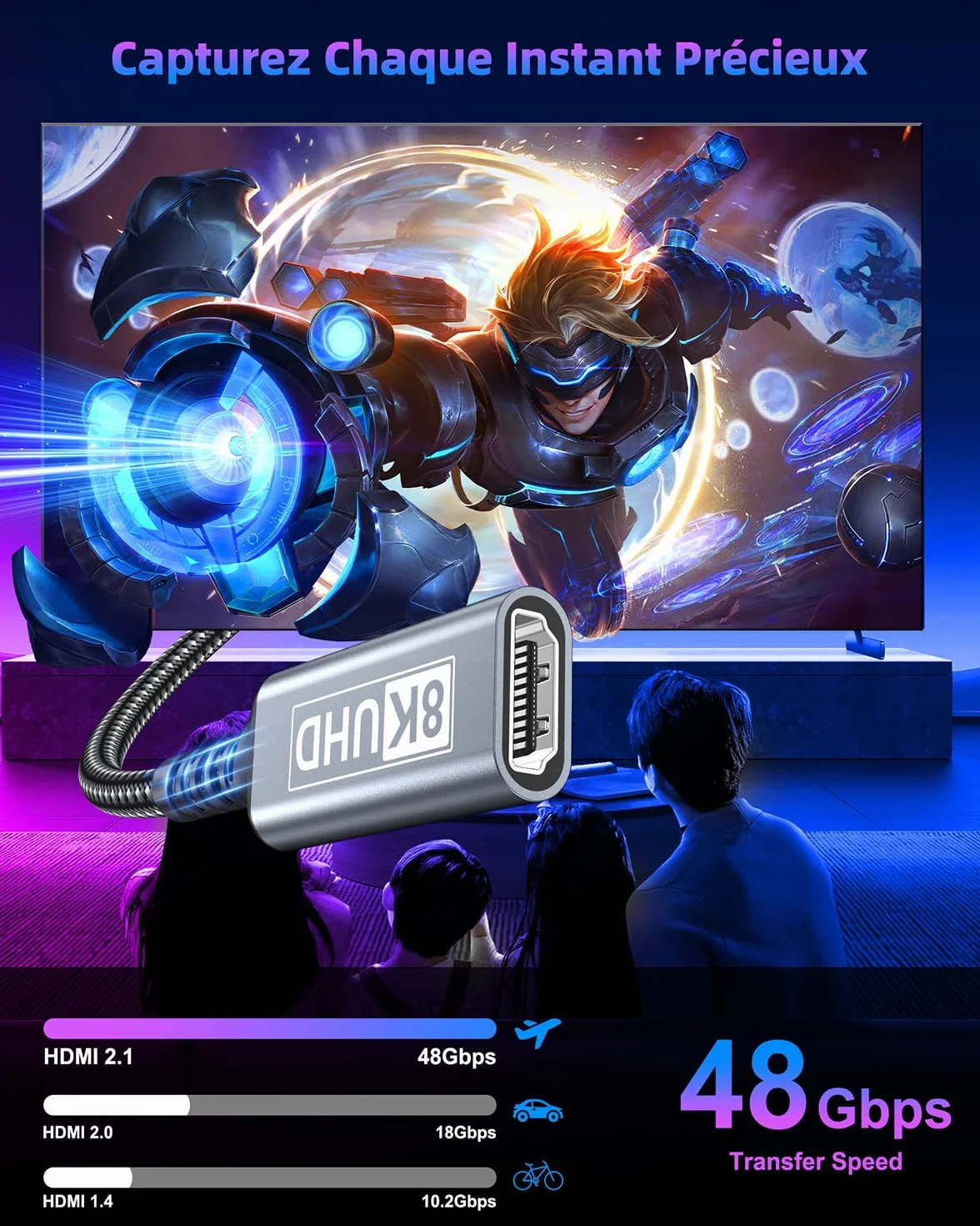 Rallonge HDMI 0.5M Câble, Câble d'extension HDMI 2.1 Mâle vers Femelle 8K@60Hz 4K@120Hz/144Hz 48Gbps, High Speed UHD eARC HDCP 2.3, Compatible avec TV Stick, HDTV, PS5/PS4