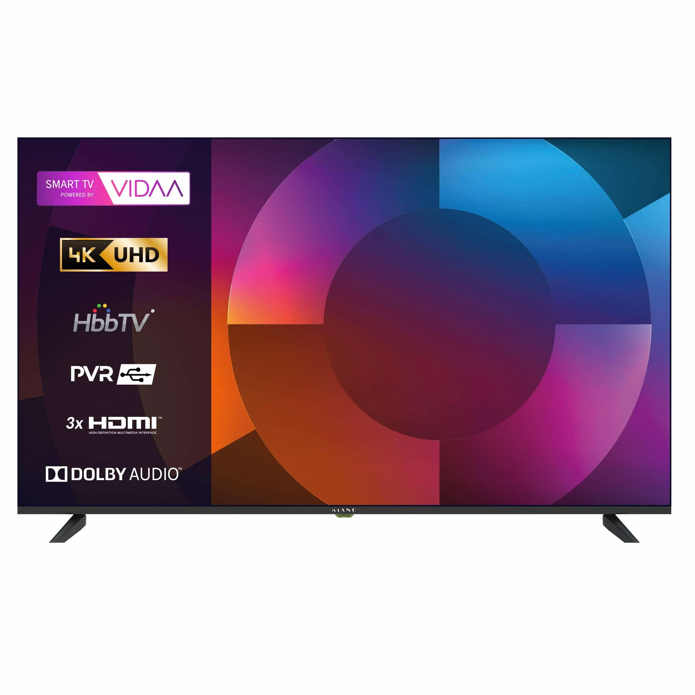 KIANO Elegance 55” Smart TV 4K UHD – VIDAA OS, D-LED, HDR, Dolby Digital Plus, Wi-FI, HDMI/USB, Triple Tuner DVB-T2/S2/C, PVR USB, Design sans Bordures