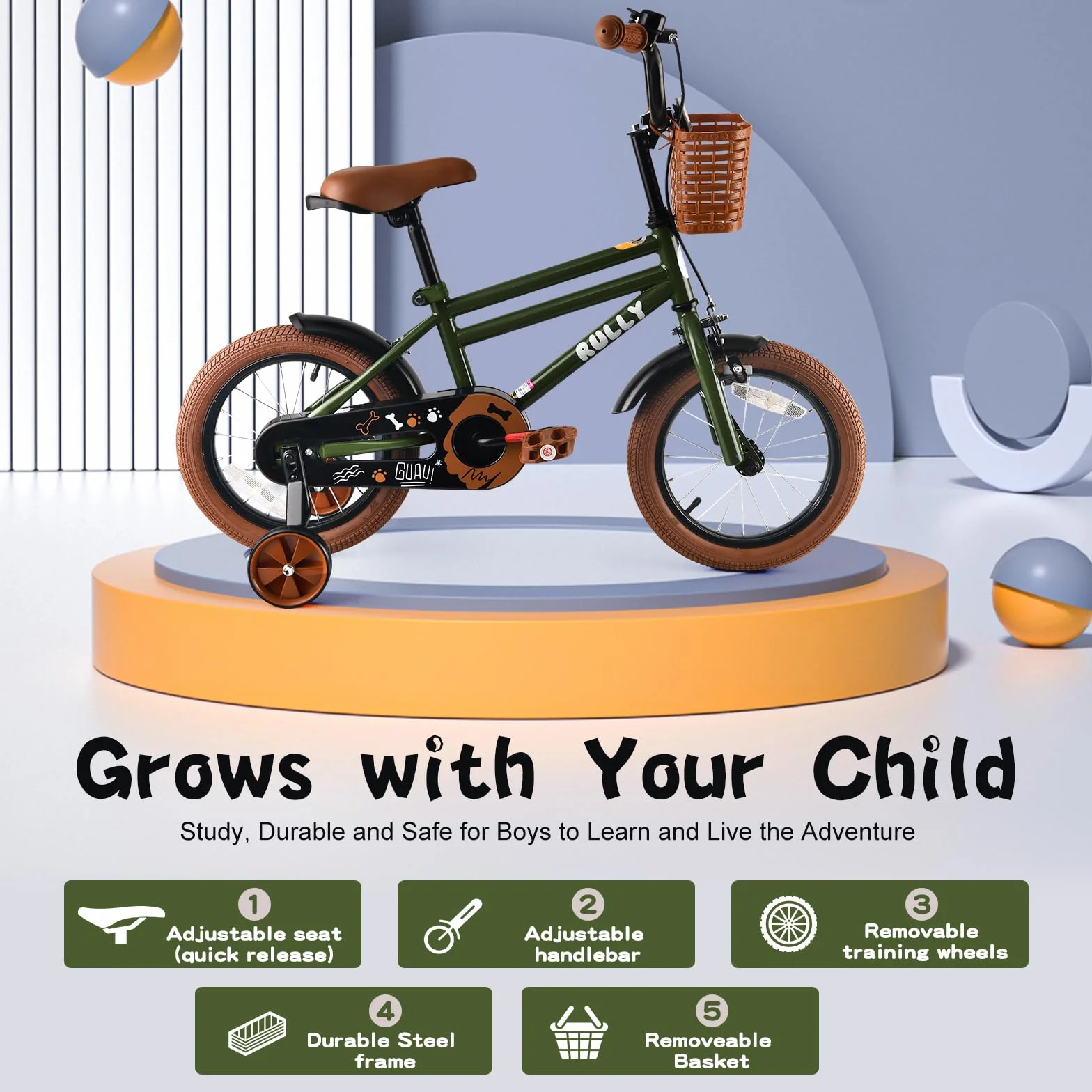 RULLY Vélo enfant 12-16 pouces avec roues stabilisatrices frein à rétropédalage frein à main panier