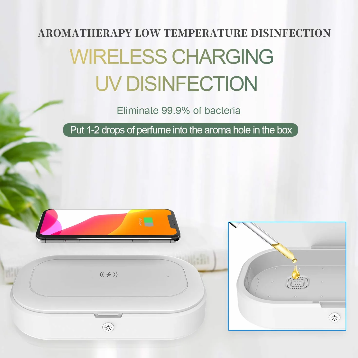 Boîte de désinfection à lumière UV, machine de désinfection portable pour téléphone de voyage, multifonction, sans fil, rechargeable avec fonction d'aromathérapie pour bijoux, masques, lunettes, clés