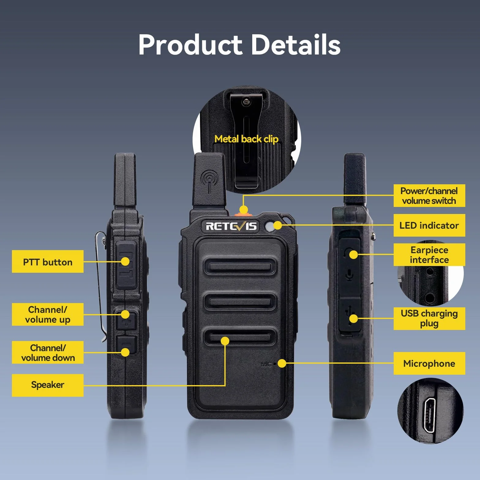 Retevis RT619 Talkie Walkie Mini, PMR446 Rechargeable Talkies Walkies 1300mAh, VOX Squelch, 2 en 1 USB Câble de Charge, sans Licence Portable Walkie Talkie pour Salle à Manger (4Pcs, Noir)