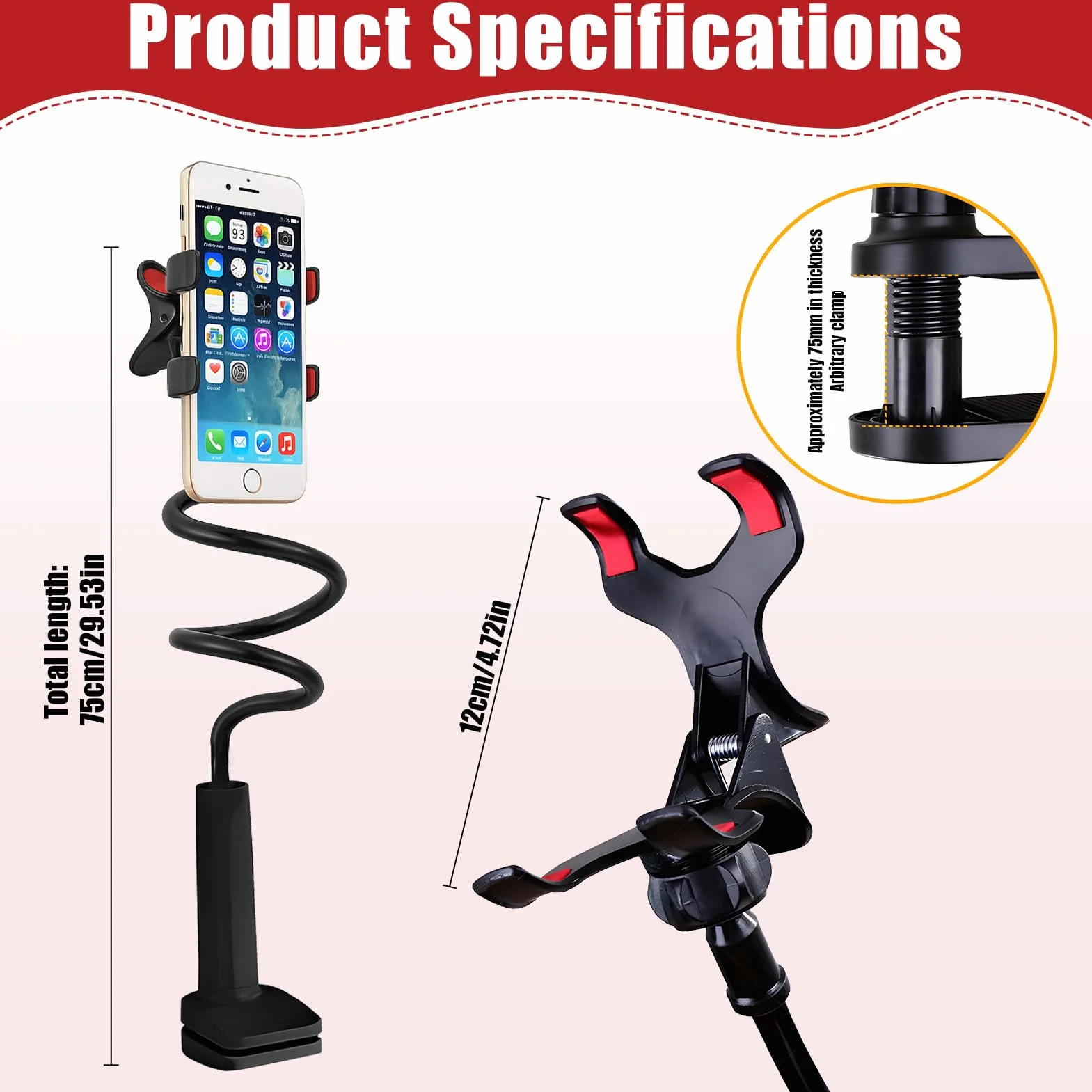 Support Téléphone Lit Pince Forte, Bras Flexible 75cm Antivibration, Support Smartphone Col de Cygne 360°, Support Mains Libres pour Regarder Vidéos, Compatible iPhone Samsung