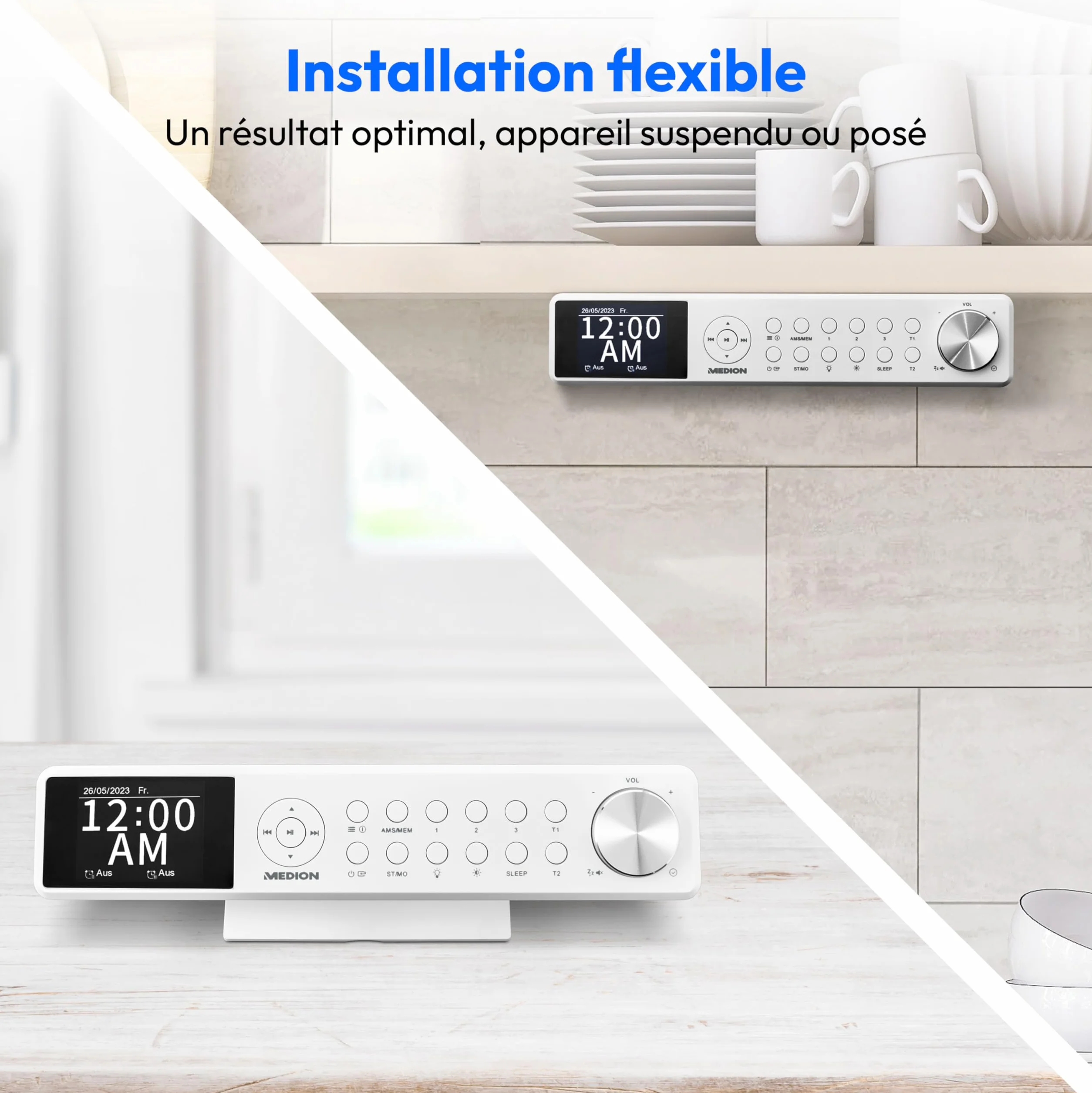 MEDION P66750 Radio de cuisine encastrable (radio de cuisine DAB+, radio FM PLL, écran couleur TFT à intensité variable, minuterie de cuisson, Bluetooth, barre LED, matériel de montage inclus), blanch