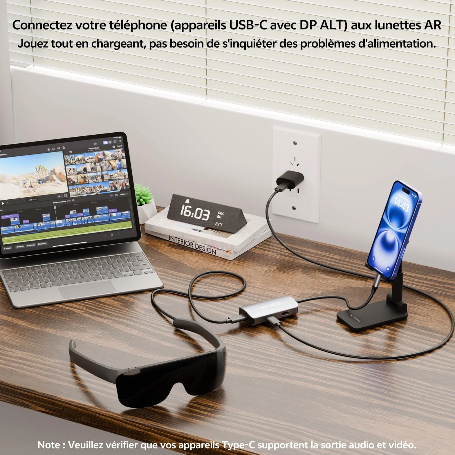 Adaptateur de Lunettes AR, USB C vers Lunettes AR avec Charge PD100W, 4K@60Hz Compatible avec iPhone 15/16 /Laptop/Lunettes Viture/Rokid/Xreal AR/Rayneo（Interface Périphérique USB-C