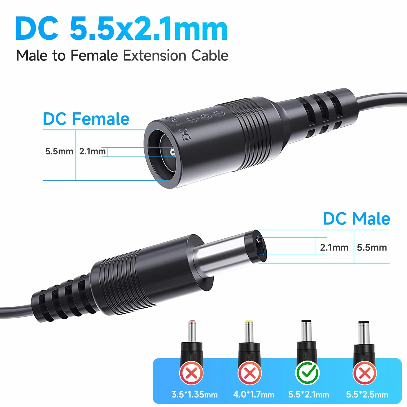 Lot de 2 câbles d'extension d'alimentation CC de 1 m, cordon d'alimentation mâle à femelle de 5,5 mm x 2,1 mm pour caméras de sécurité CCTV, bande LED, adaptateur d'alimentation 12 V CC et plus (noir)