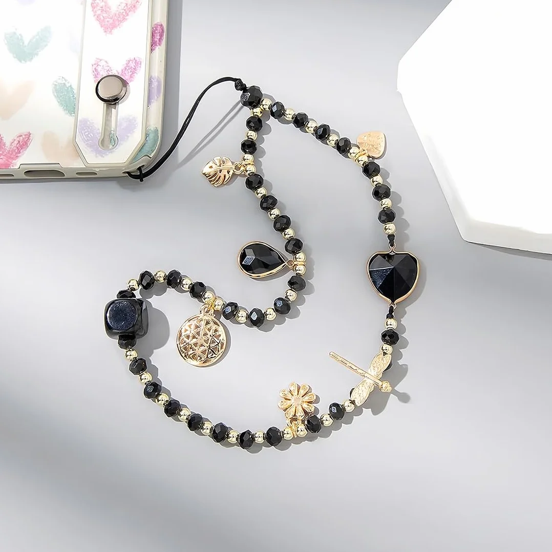 Cordon Téléphone Portable Cristal Anti-Perte Chaîne Pendentif Noir