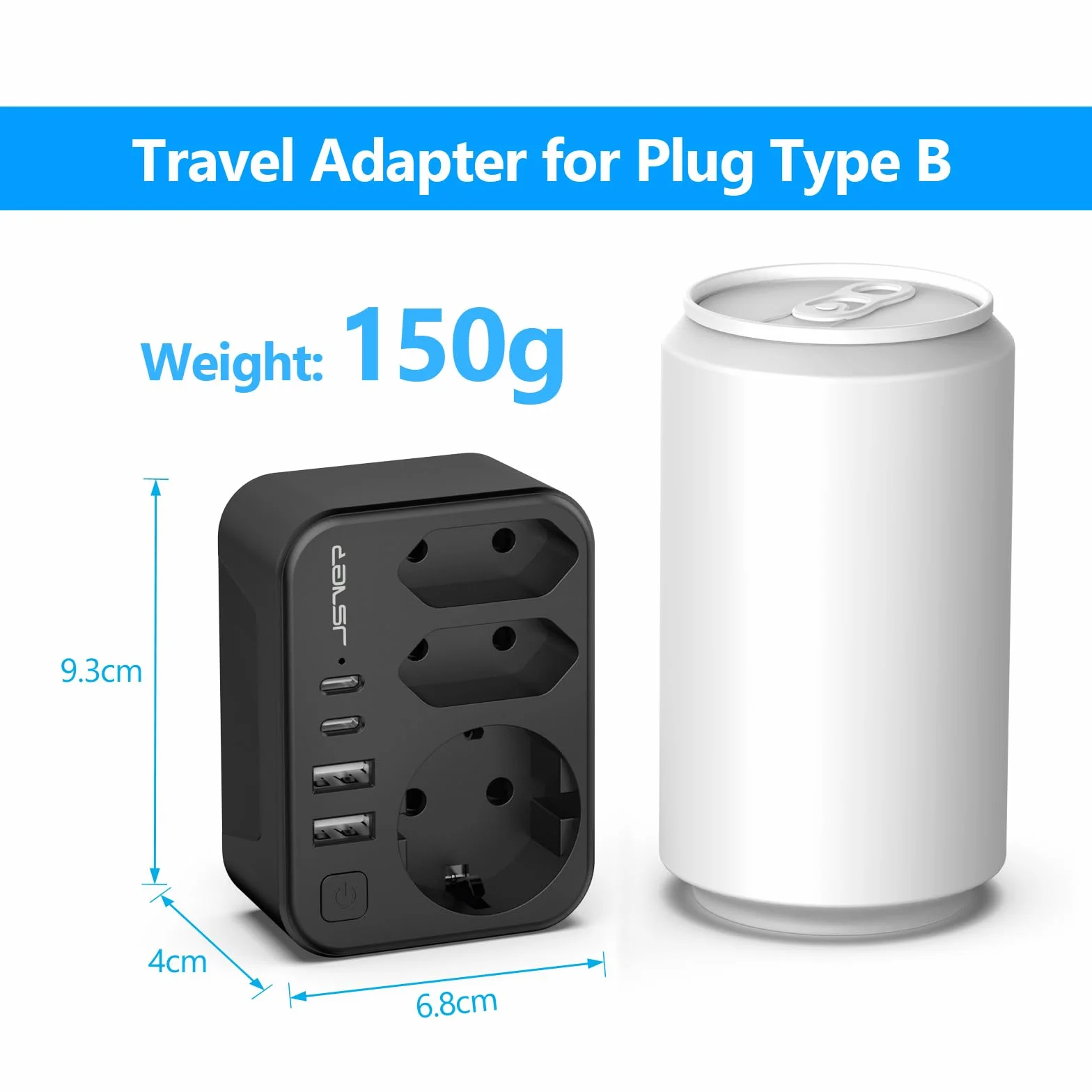 JSVER Adaptateur de Voyage 7 en 1 France vers États-Unis Canada 4 Ports USB 2A+2C Prises Type B Noir