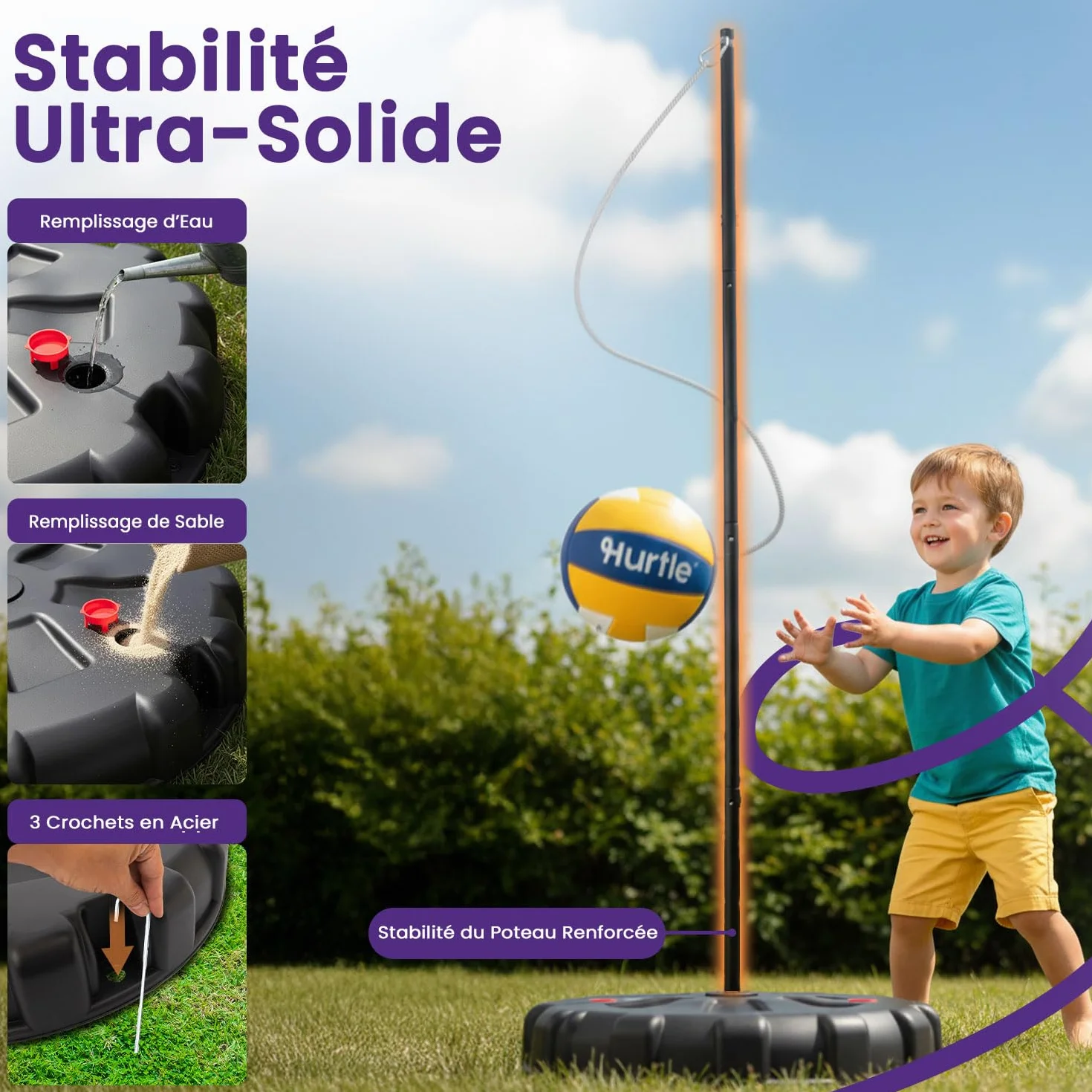 Hurtle Jeu de Tetherball Extérieur Réglable 1,2-2,7 m Set Complet Base Lestable Balle Corde Jardin Stable