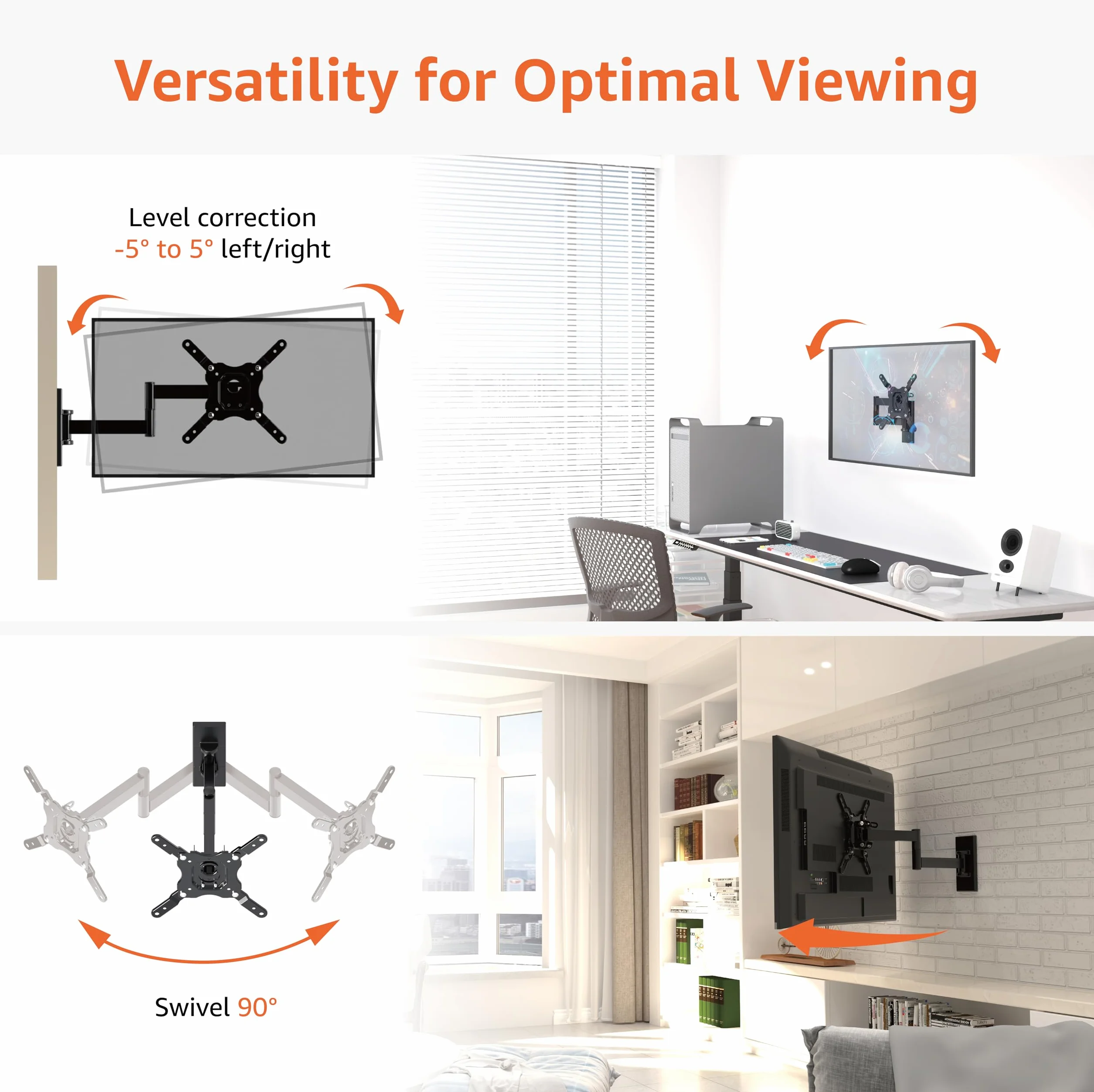 Amazon Basics Support Mural Pour Téléviseur, Mouvement Complet, Pivotant et Inclinable, Pour Téléviseurs ou Écrans Plats et Incurvés 12 à 40 Pouces Jusqu’à 36kg, Support TV, VESA max. 200x200mm, Noir