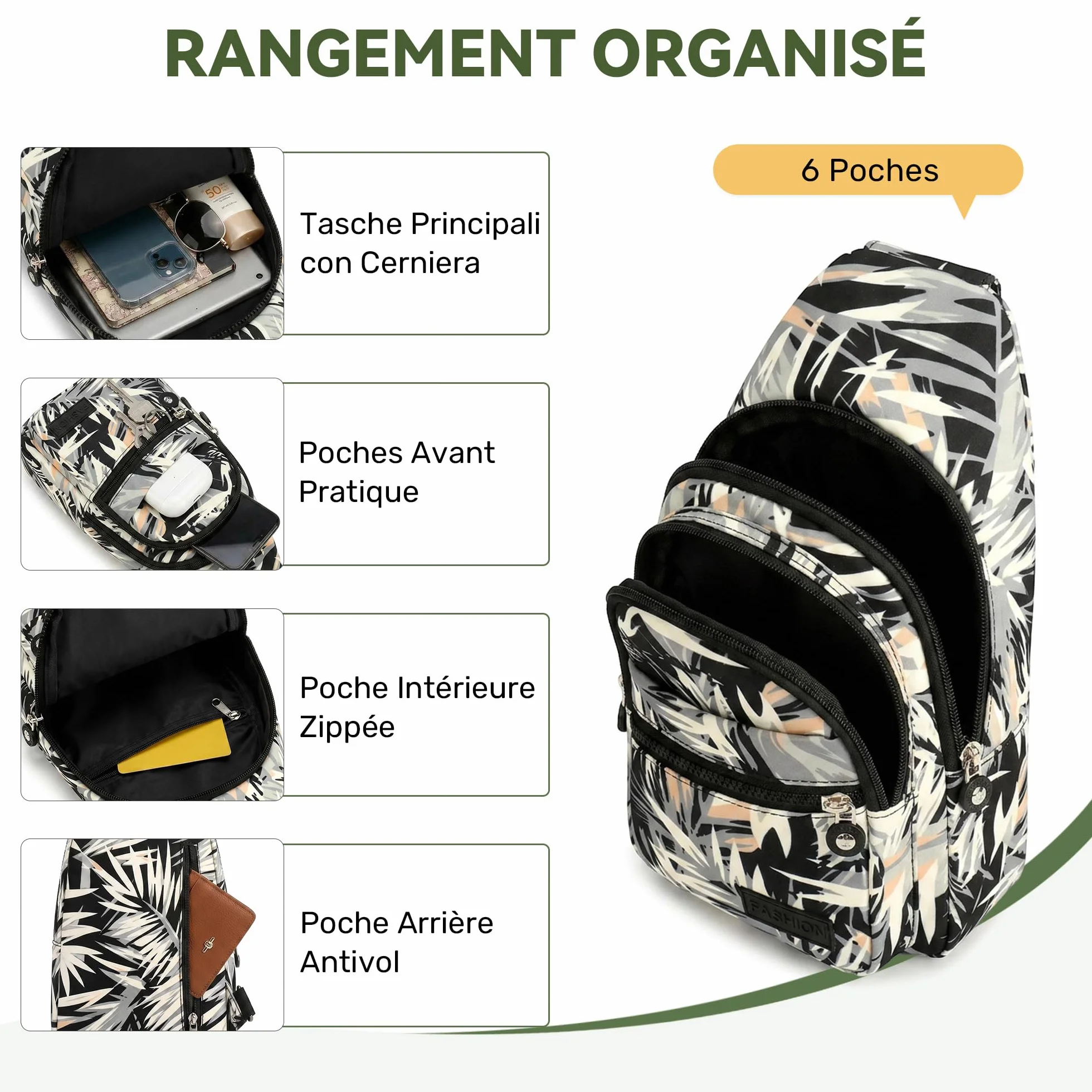 Sac de Poitrine Femme Imperméable Polyester Sling Bag Léger Crossbody pour Voyage Randonnée