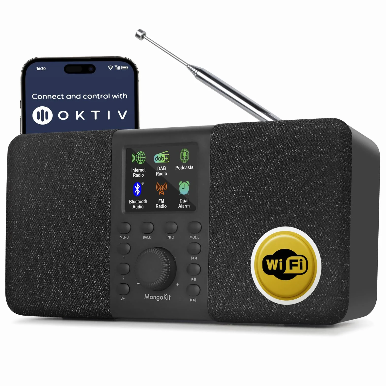 SR20 Radio Internet Stéréo avec Radio Numérique Dab/Dab+,WiFi avec Lecteur de Podcasts,Intelligente avec Bluetooth,FM,de Cuisine Secteur et Batterie,écran Couleur,Alarmes Doubles-Noir