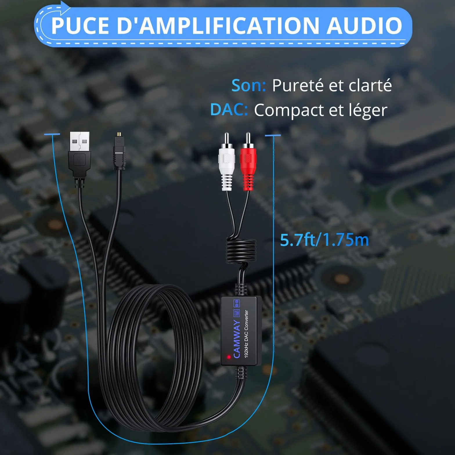 Convertisseur Optique RCA SPDIF 192kHz avec Câble Intégré 1,75m pour HDTV Xbox DVD Blu-Ray