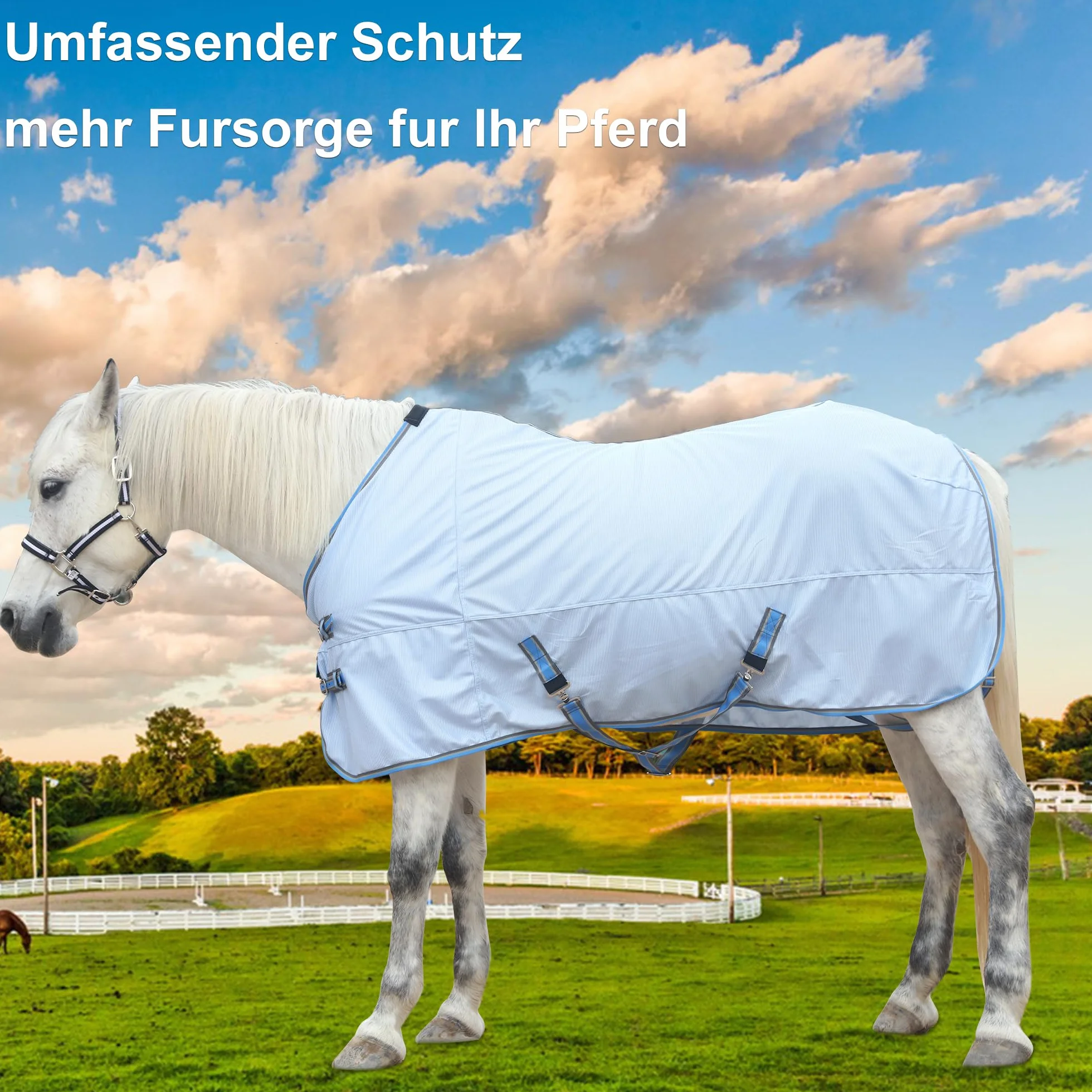 Couverture anti-mouches pour chevaux respirante UV anti-grattage Bleu ciel