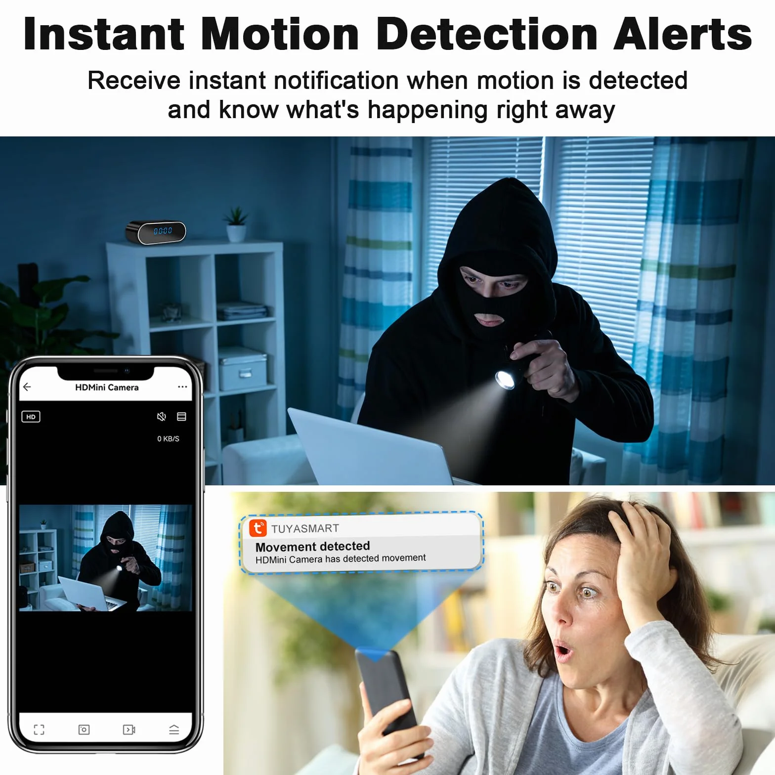 Caméra Espion WiFi, 5G Mini Camera Cachée sans Fil, Micro Camera Espion 150° Réveil,1080P HD Distance a Discrete Détection de Mouvement/Vision Nocturne Caméra de Surveillance