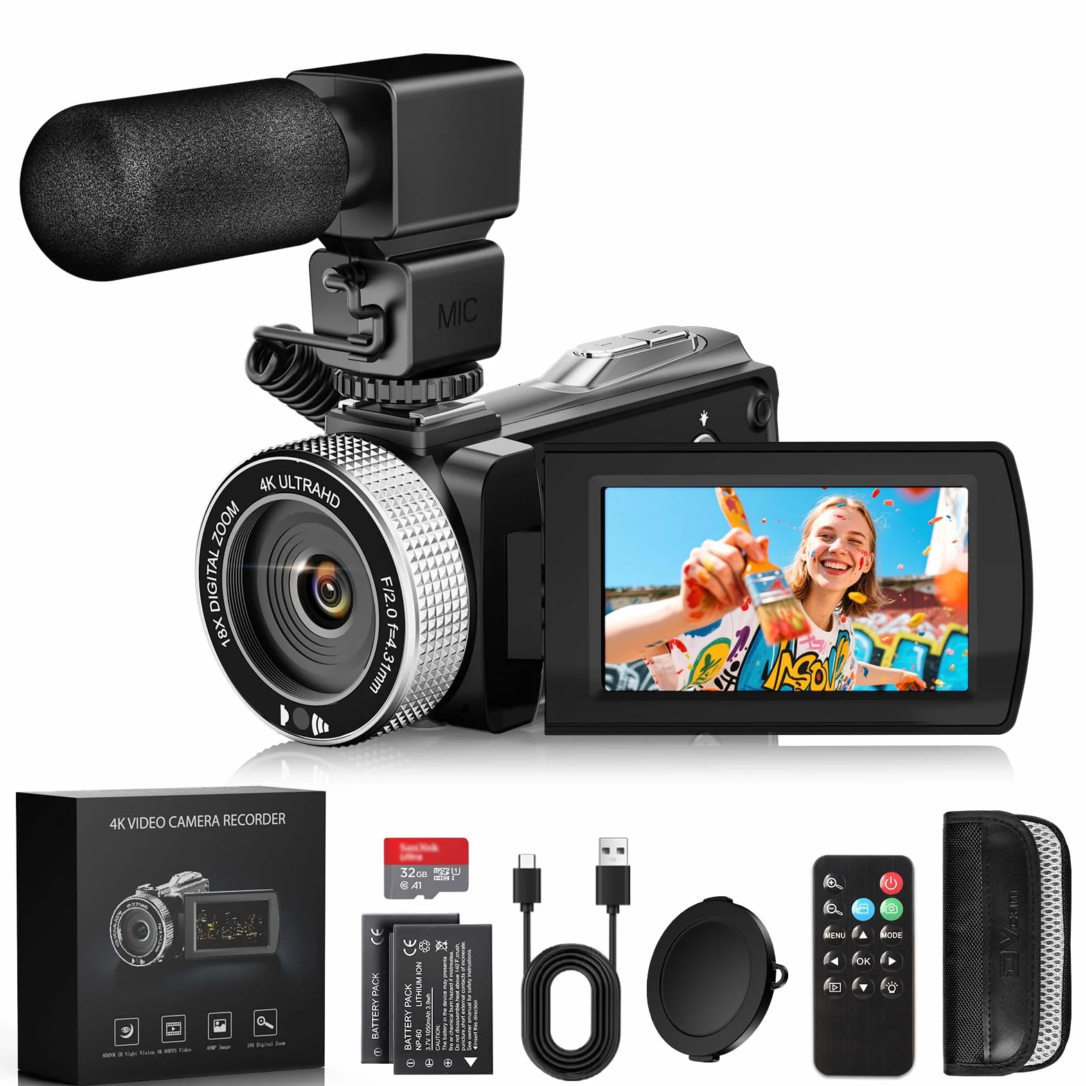 Caméscope 4K 48MP Vision Nocturne IR Zoom Numérique 18X Écran Tactile 3,0 Pouces Rotation 270° Caméra Vlogging avec Télécommande Mic Carte 32 Go 2 Piles