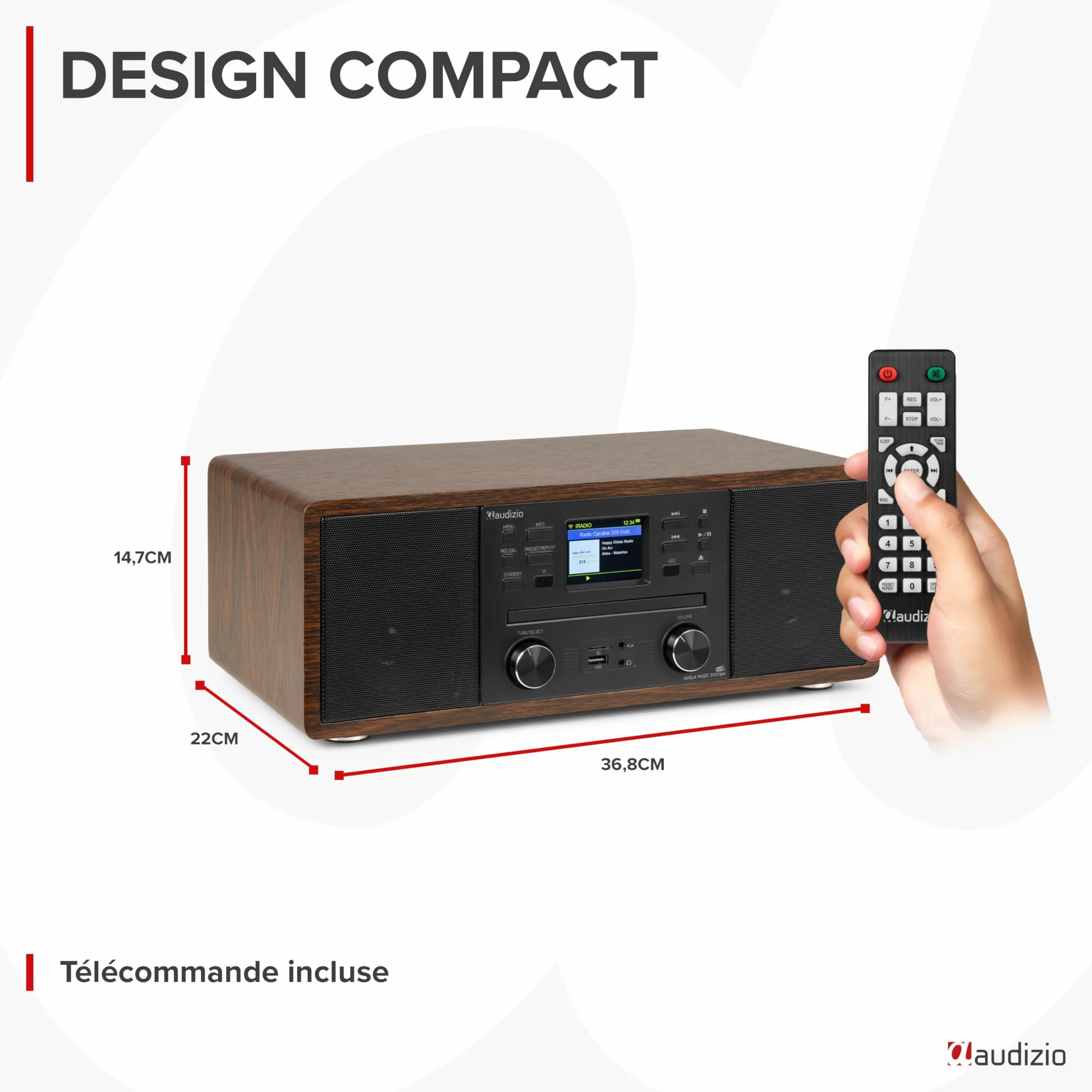 Audizio Avola Radio Internet WiFi avec Lecteur CD et Bluetooth - Couleur Noyer, Radio Dab+, FM, Haut-Parleurs Stéréo, Télécommande, Idéale pour Diffuser Vos Radios Préférées du Monde Entier