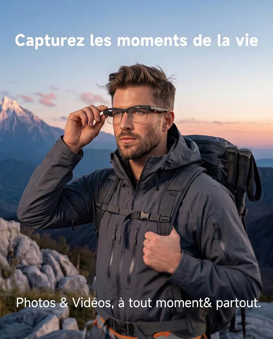 TOOBUR Lunettes connectées AI avec Appareil Photo 8MP, vidéo HD 1080P Anti-Flou, Traduction en Temps réel & Assistant Vocal, appels Bluetooth & Audio à Oreille Ouverte pour vlog, Voyage & réunions