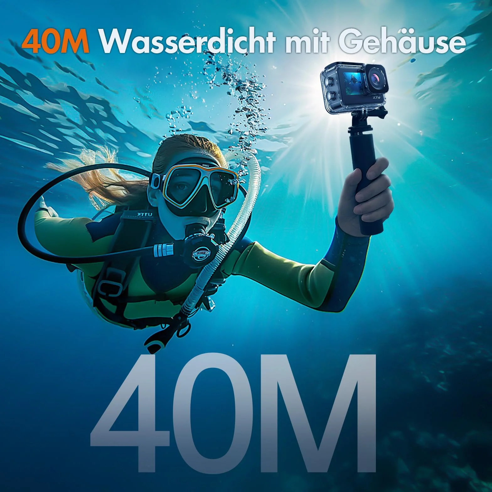 XTU Camera Sport 4K avec Carte SD 64Go – Cam Sport 4K Étanche 40M, Caméra Action Grand Angle 170°, Stabilisation EIS, Double Écran Tactile, WiFi, Camera Moto pour Plongée, Ski, Vlog
