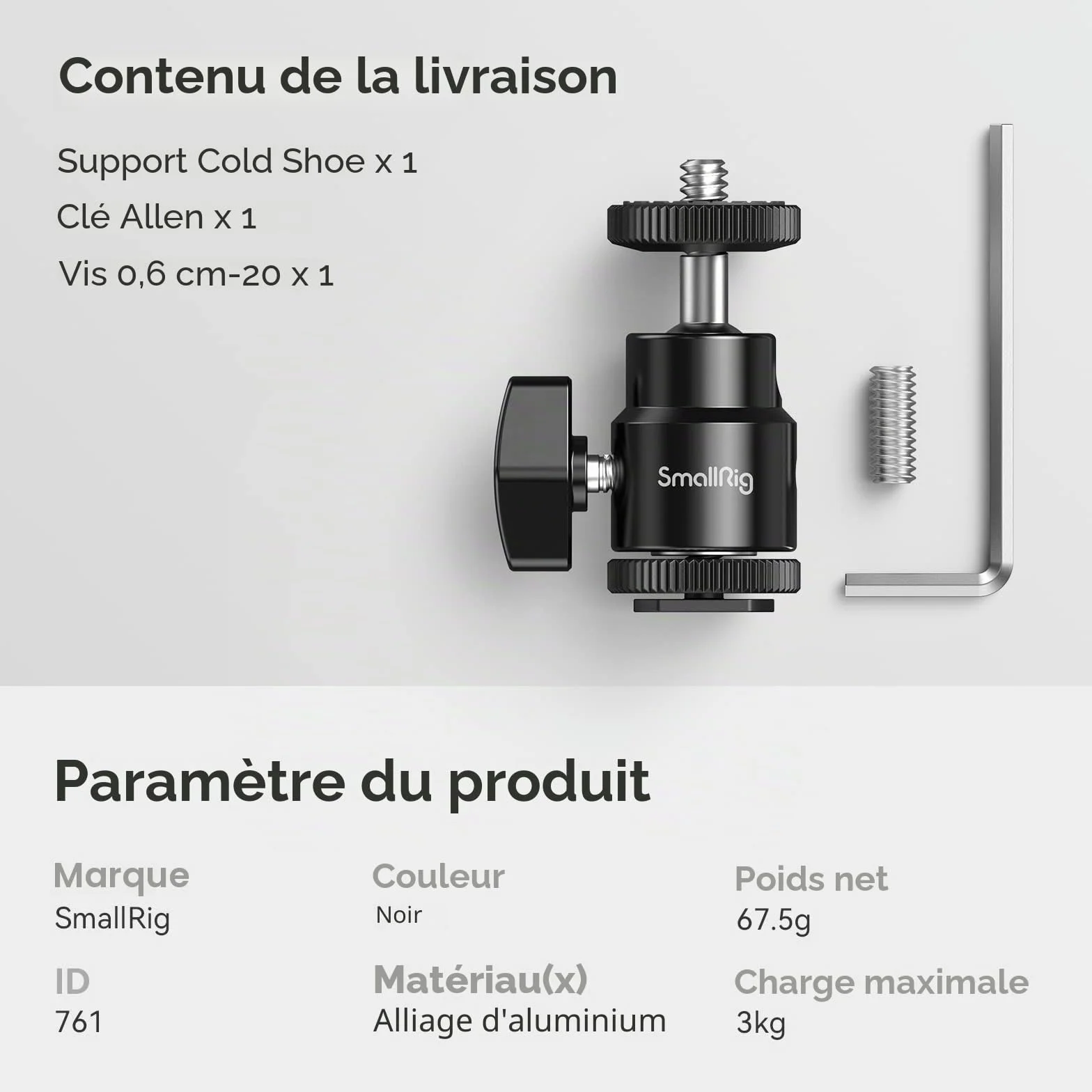 SMALLRIG Hot Shoe Mount Adaptateur Ball Head Mount Rotule Mini Moniteur Support avec Cold Shoe 761