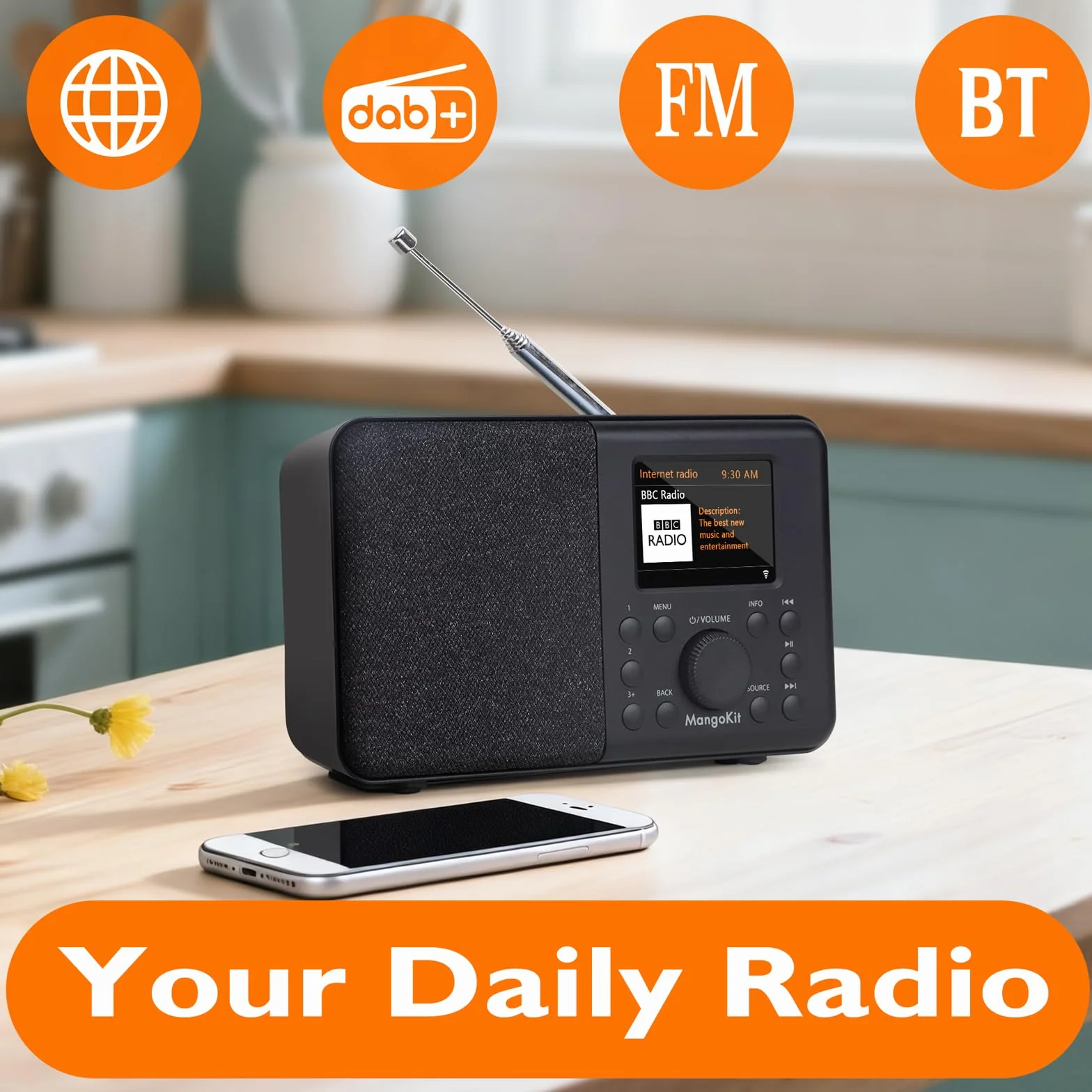 Radio Internet DAB/DAB+ WiFi avec Bluetooth FM Double Alarme Cuisine Noir
