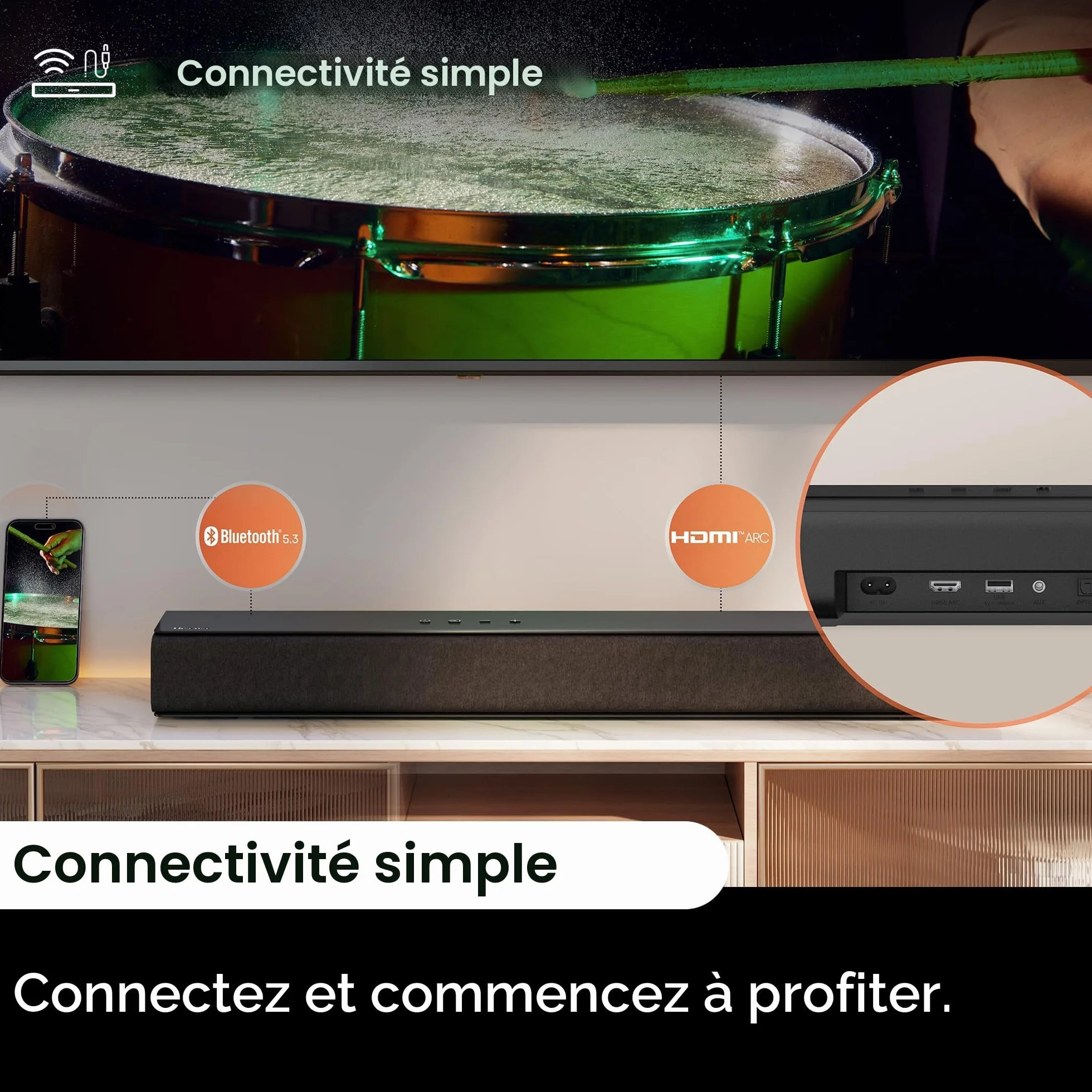 Hisense HS1000 Barre de Son 2.0 CH 120W Dolby Audio DTS Virtual:X Bluetooth 5.3 HDMI Arc Noir