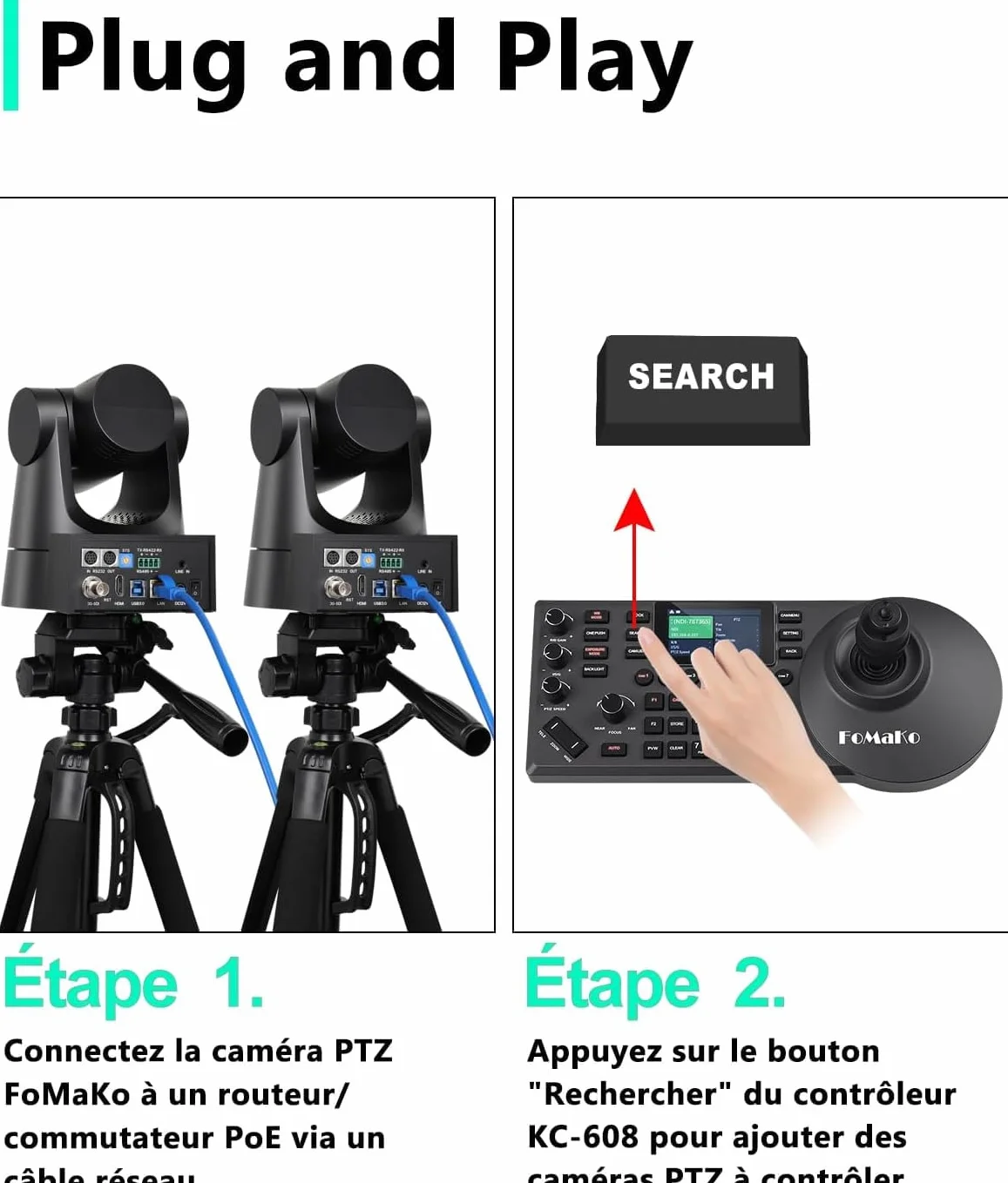 FoMaKo BN302 Ensemble de Caméra PTZ NDI HX3, 30x Zoom Optique, Suivi-Automatique IA 1080P 60ips avec 3G-SDI HDMI USB3.0 LAN(NDI|HX3, NDI6, PoE), 2*Caméra 30x Zoom NDI + 1* Contrôleur PTZ NDI