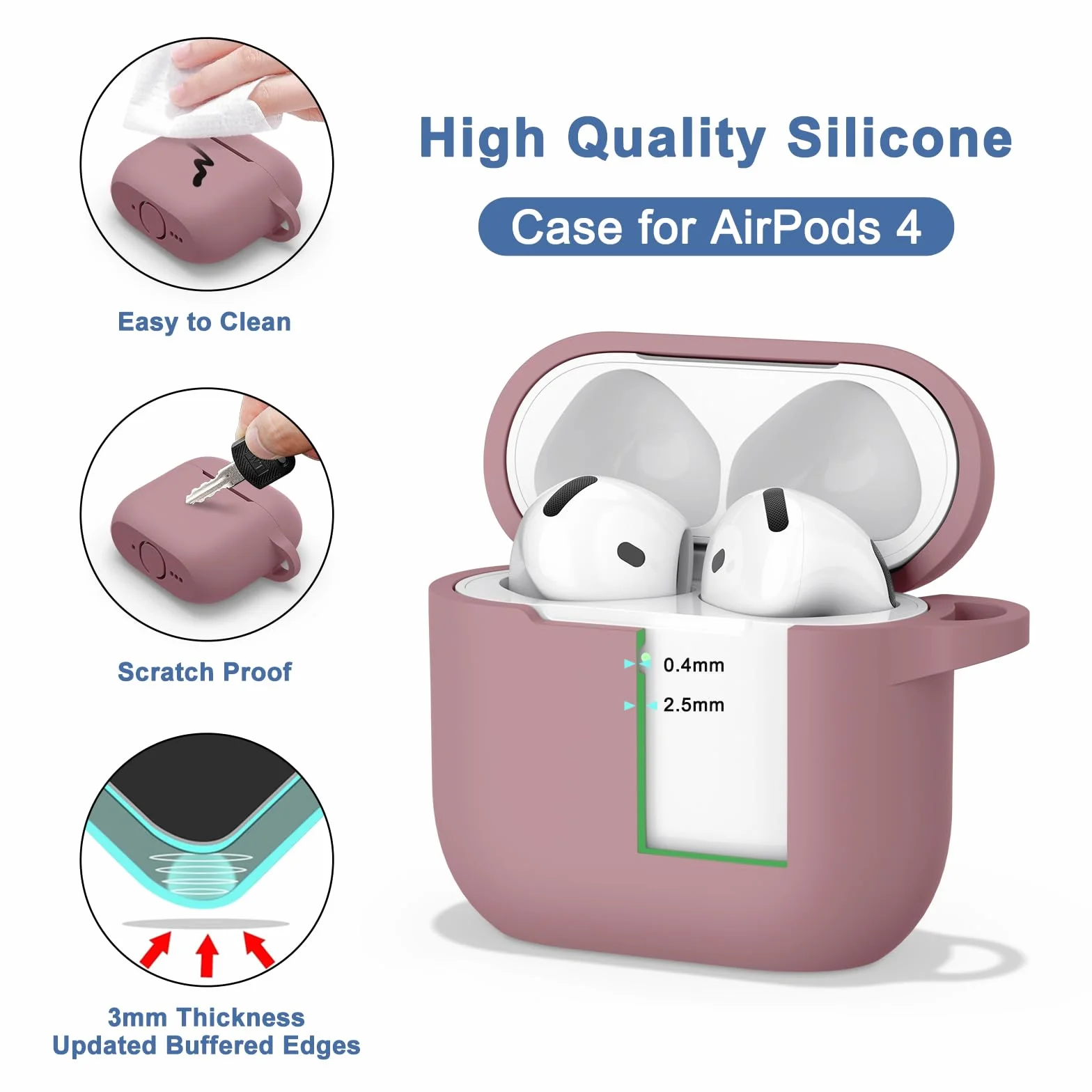 Coque Étui pour AirPods 4 2024, Housse de Protection en Silicone Ultra-Fin Antichoc 2mm, Accessoires 4-en-1 avec Mousqueton et Cordon