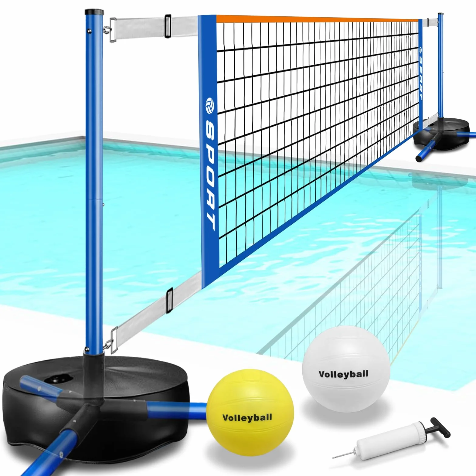 Filet de volleyball de piscine portable intérieur/extérieur avec 2 balles, base robuste, réglable 4,5-7,6 m