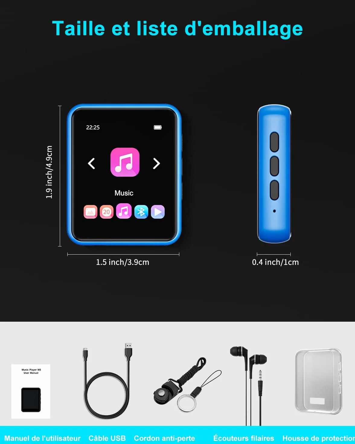 Lecteur MP3 Bluetooth 5.0 32 Go avec écran tactile complet, lecteur de musique Hi-Fi sans perte avec boîtier en métal, avec radio FM, haut-parleur, enregistrement ligne, prise en charge jusqu'à 128 Go