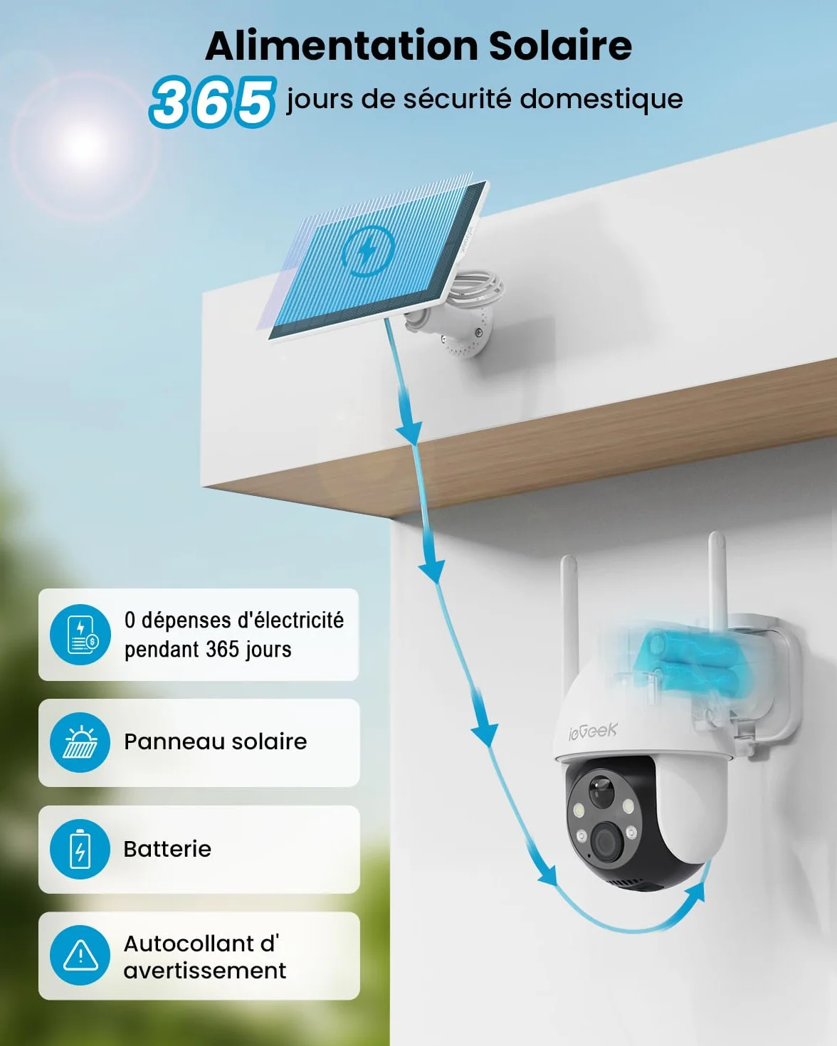 ieGeek 2K Caméra Surveillance WiFi Extérieure sans Fil 3MP 360° PTZ Solaire 15M Nocturne Couleur PIR/AI Détection Audio Bidirectionnel Alexa WiFi6 IP66
