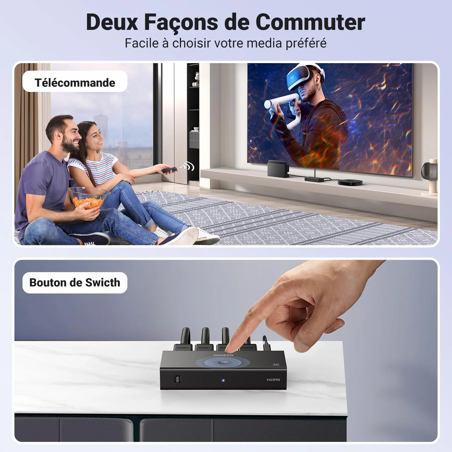 UGREEN Switch HDMI 4K 60Hz 3 Entrées à 1 Sortie Commutateur HDMI 1080P 3D HDR10 Dolby Atmos avec Télécommande IR Compatible avec PS5 PS4 Xbox TV Stick Box Chromecast Lecteur Blu Ray DVD Projecteur