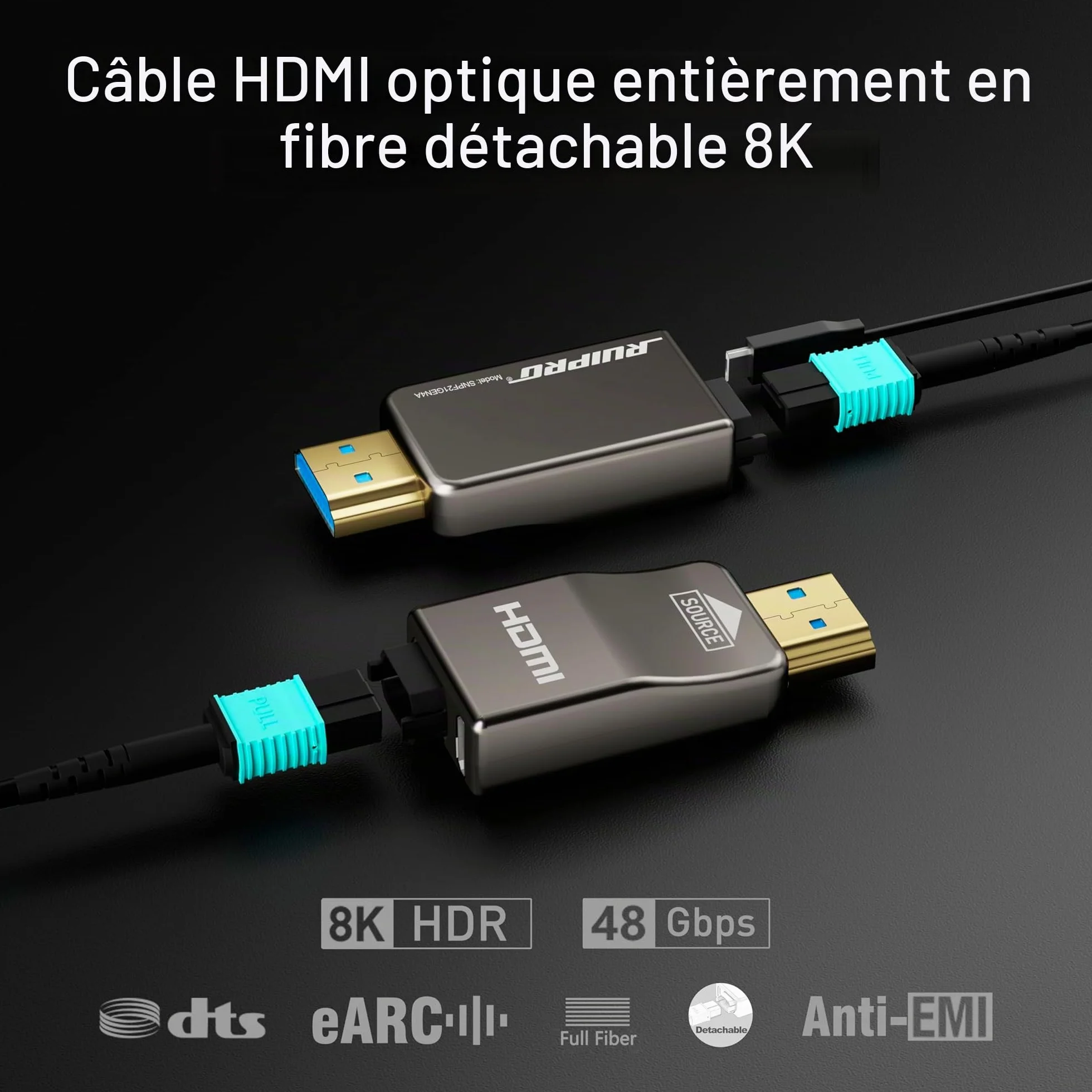 RUIPRO Câble HDMI 8K 10M Détachable en Fibre Optique Pure, Armé en Acier Inoxydable, HDMI 2.1 Ultra Haute Vitesse 48Gbps, 8K@60Hz 4K@120Hz, HDR, eARC, Compatible avec PS5, Xbox, TV, Projecteur