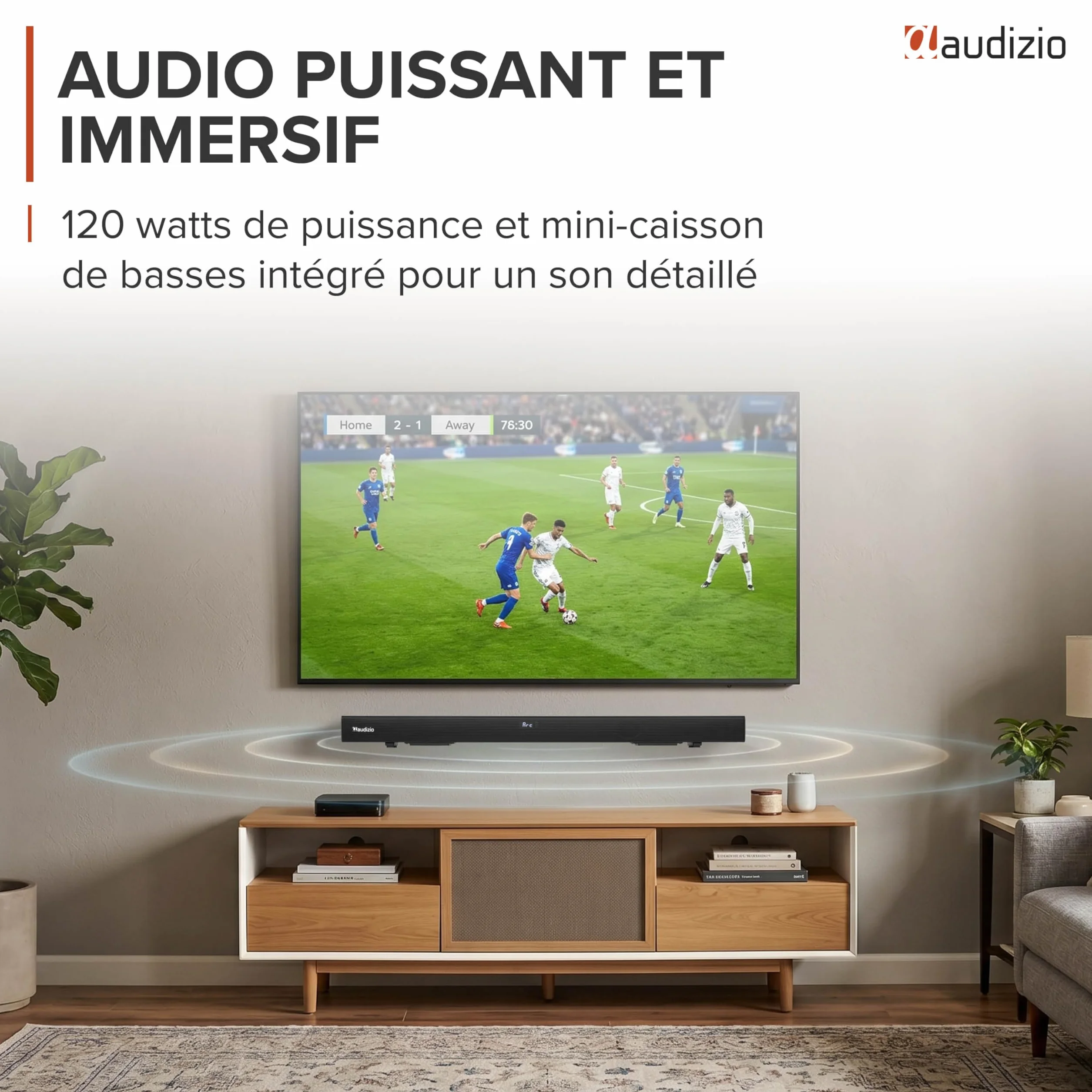 Audizio SB95 Soundbar TV Bluetooth 5.3 HDMI Arc 120W 88 cm Optique Coaxial USB AUX 2 Mini Subwoofers Intégrés