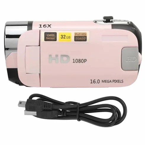 Akozon Caméra Vidéo Numérique 1080P 16MP Caméscope Écran Rotatif 2,4 Pouces Zoom 16X
