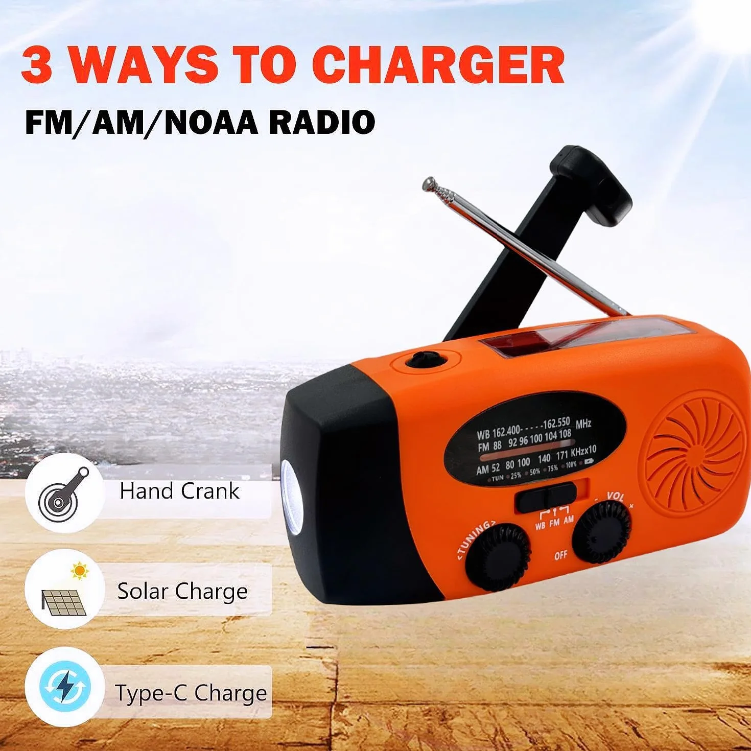 Radio Solaire 5000mAh Portable d'urgence à Manivelle Dynamo avec AM/FM Radio à Piles Dynamo, Survie Poche LED Charge de Téléphone à Manivelle pour la Randonnée et l'extérieur (Orange)