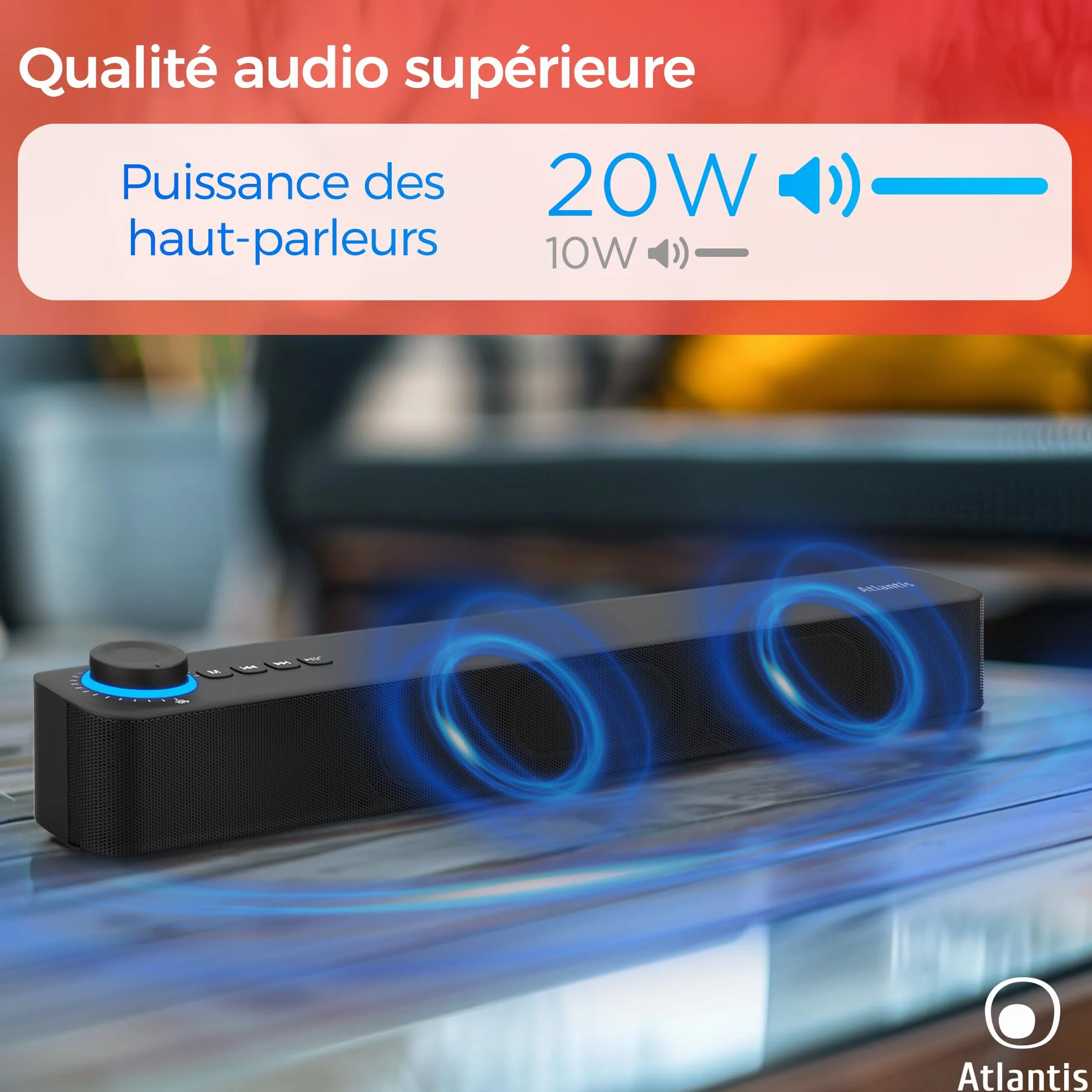 ATLANTIS Soundbar PC 20 W Bluetooth 5.3 Radio FM Noir 420 x 60 x 74 mm