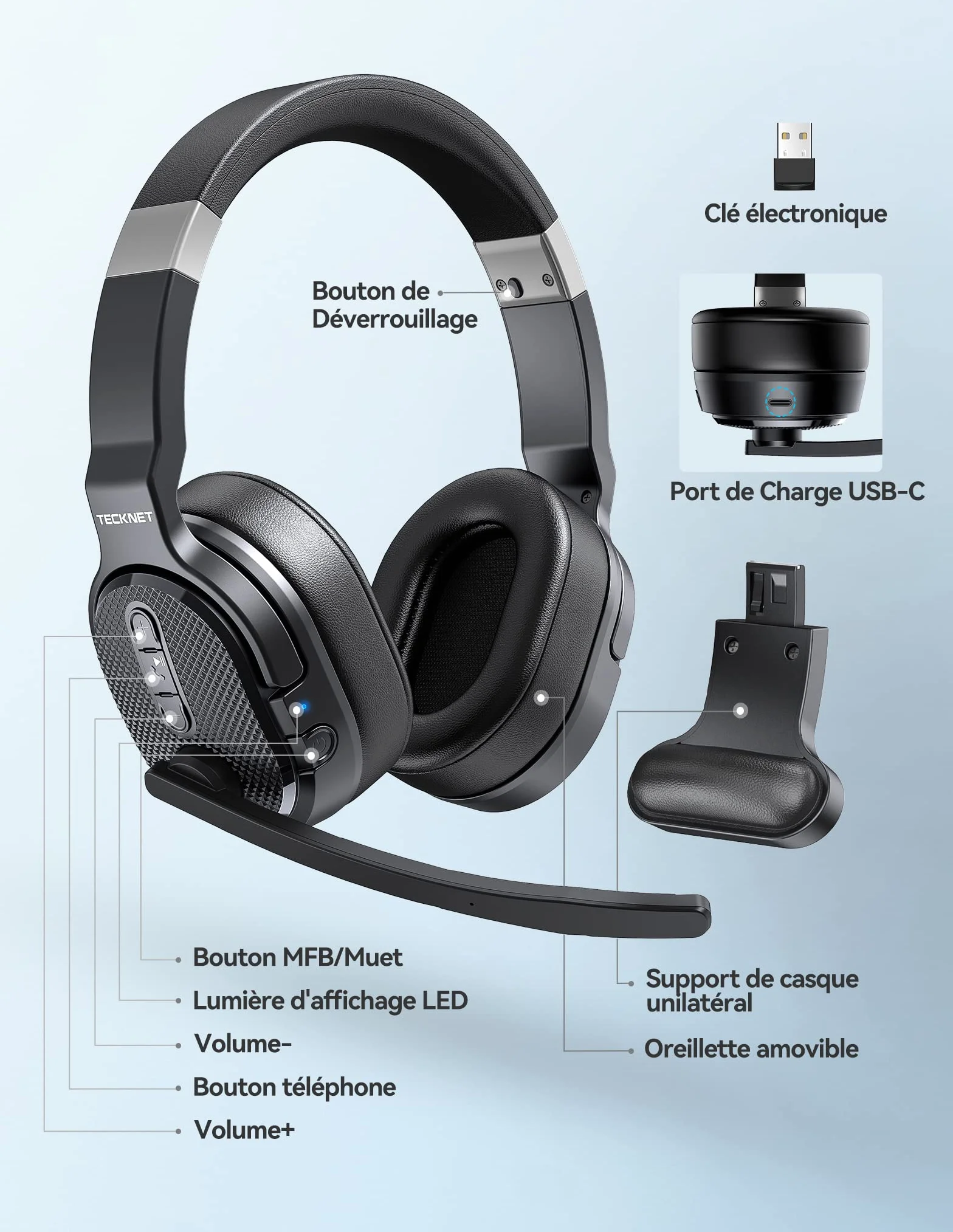 TECKNET Casque Bluetooth sans Fil avec Micro, Casque sans Fil Simple et Double Oreille avec 3 Modes de Musique EQ, Casque Anti Bruit Bluetooth ENC, pour Centres d'appels, Bureaux, Camionneurs